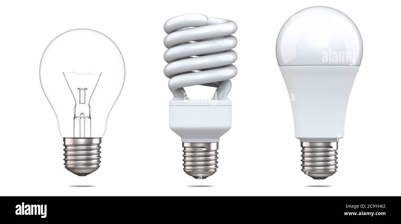 3d-Rendering-Set von Wolfram-Lampe, Leuchtstofflampe und LED-Lampe. 3d-Illustration, Evolution von Energiesparlampen, isoliert auf weißem Hintergrund. Stockfoto