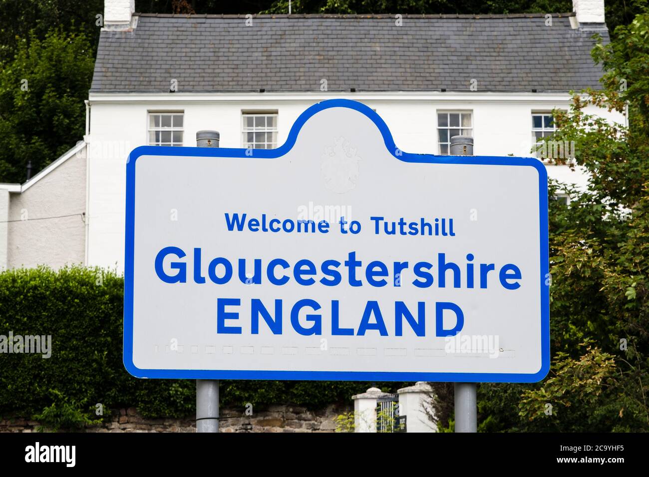 Willkommensschild an der englisch-walisischen Grenze in der Nähe von Chepstow. Tutshill, Gloucestershire, England, Großbritannien Stockfoto