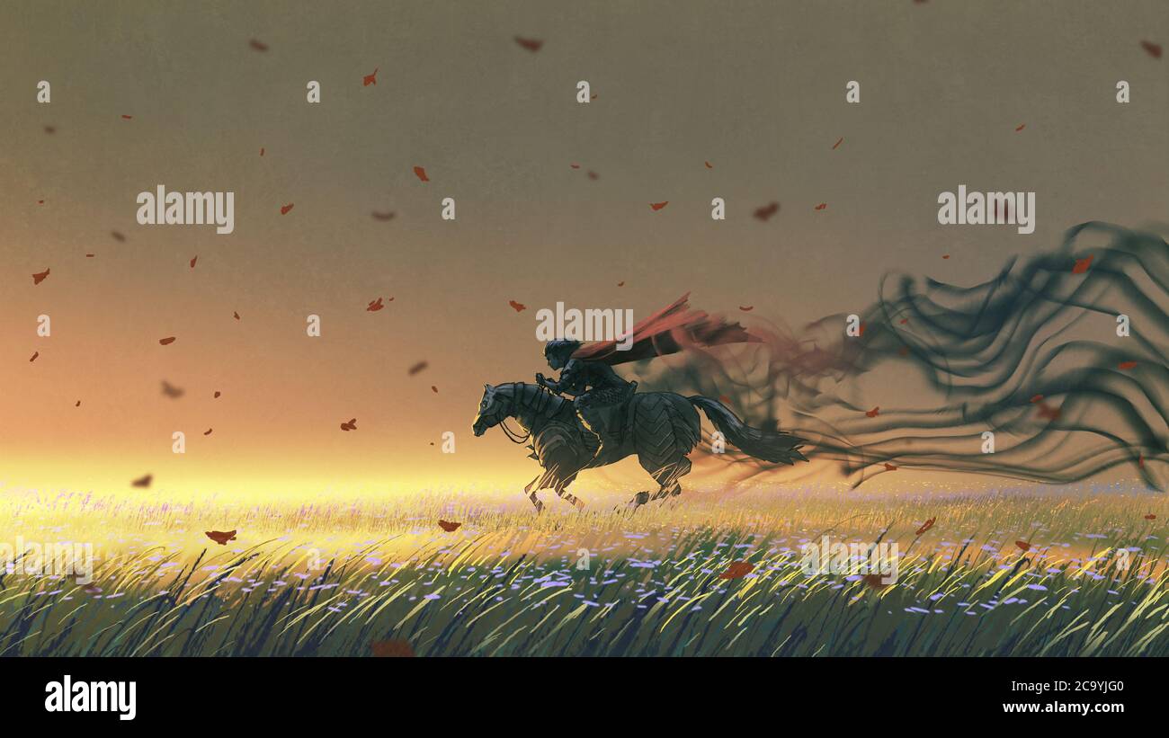 ritter Reiten ein Pferd auf der Wiese, digitale Kunst Stil, Illustration Malerei Stockfoto