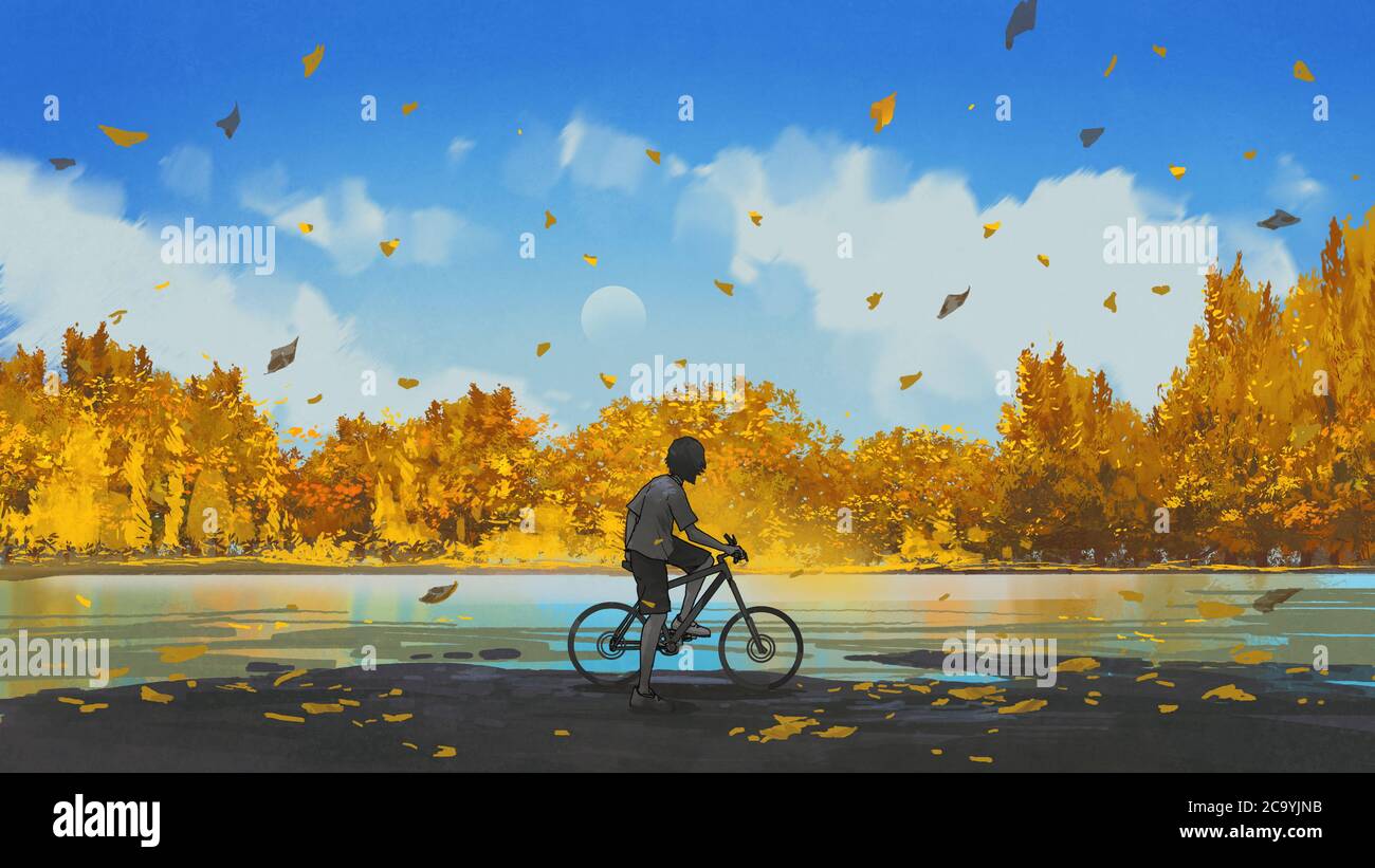 Junge auf einem Fahrrad Blick auf die Herbstansicht, digitale Kunst Stil, Illustration Malerei Stockfoto