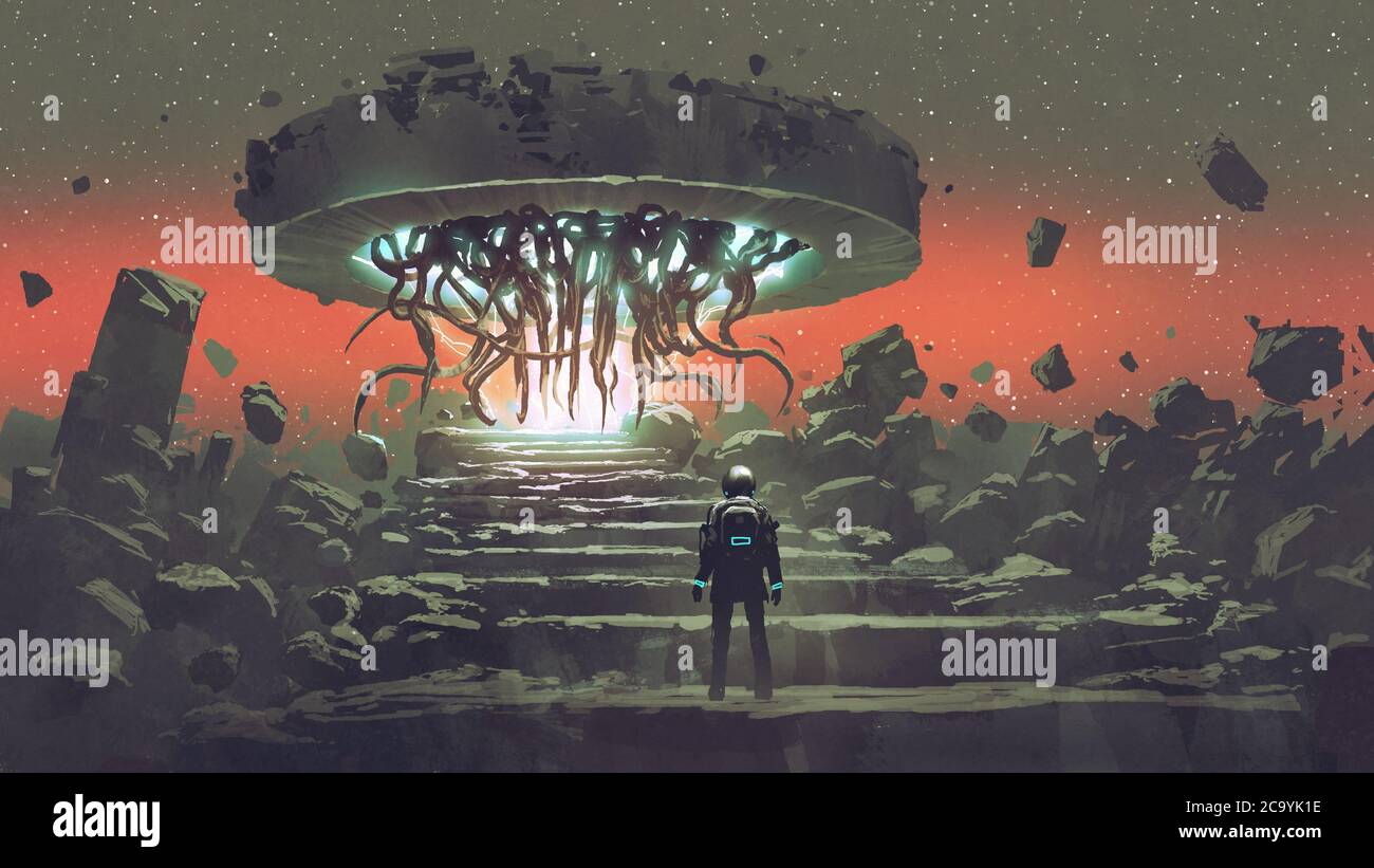 astronaut betrachtet die Alien-Tantacles, die aus dem Portal kommen, digitaler Kunststil, Illustrationsmalerei Stockfoto