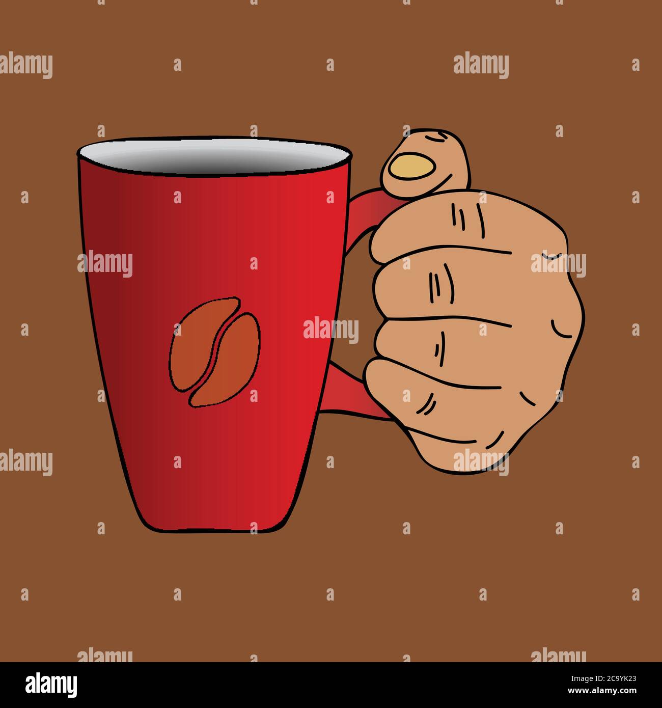 Handgezeichnete Illustration einer Hand mit EINEM rot dekorierten Kaffeetasse mit Kaffeebohne auf braunem Hintergrund Stock Vektor