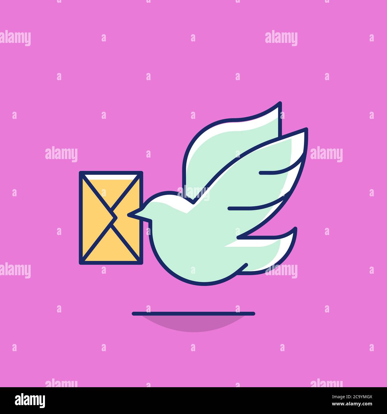 Farbenfrohe, minimalistische Illustration einer Taube, die einen Briefumschlag liefert Auf einem rosa Hintergrund Stockfoto