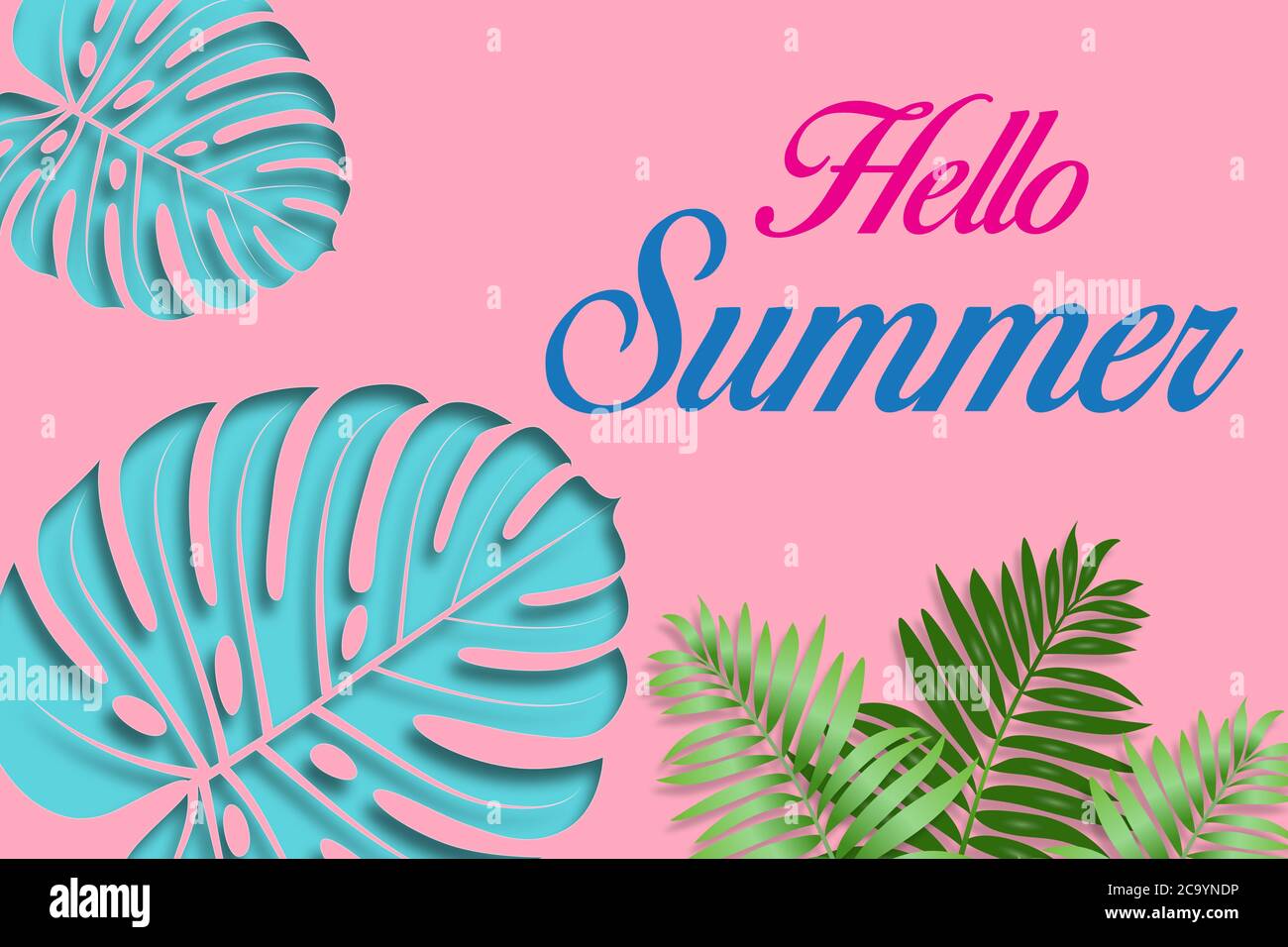 Hello Summer und tropisches Blatt Hintergrund - Illustration Stockfoto