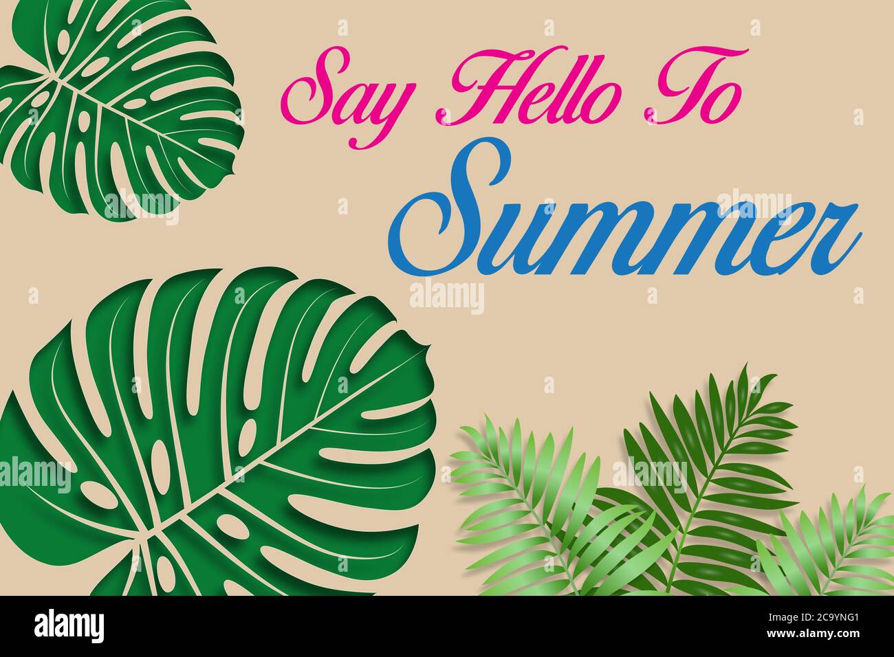 Sagen Sie Hallo zu Sommer und tropischen Blatt Hintergrund - Illustration Stockfoto