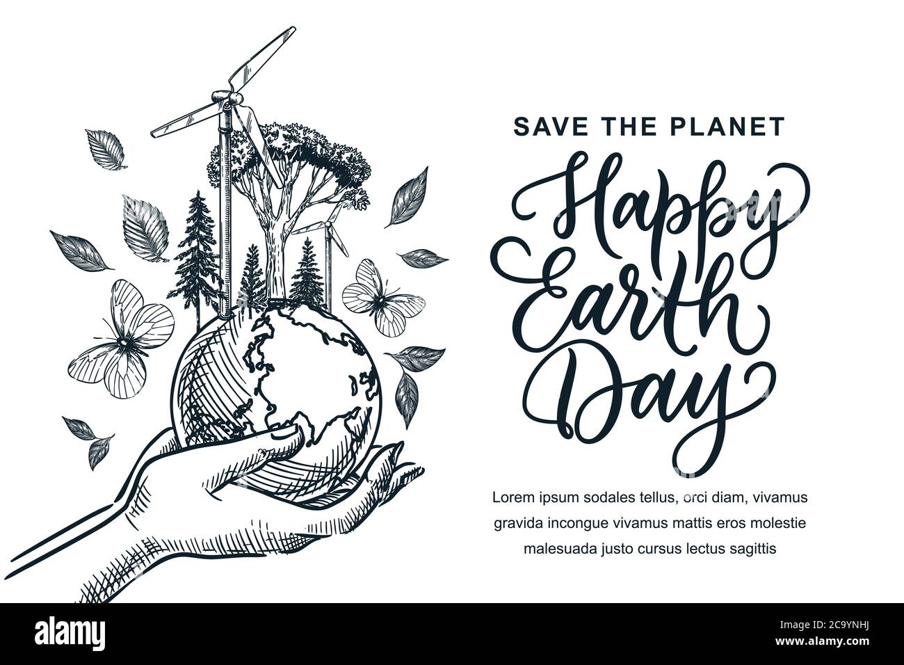 Happy Earth Day Banner, Poster mit handgezeichneten Kalligraphie-Schriftzug. Vektor-Skizze Abbildung der Hände halten Erde Planeten mit Windturbine Gener Stock Vektor