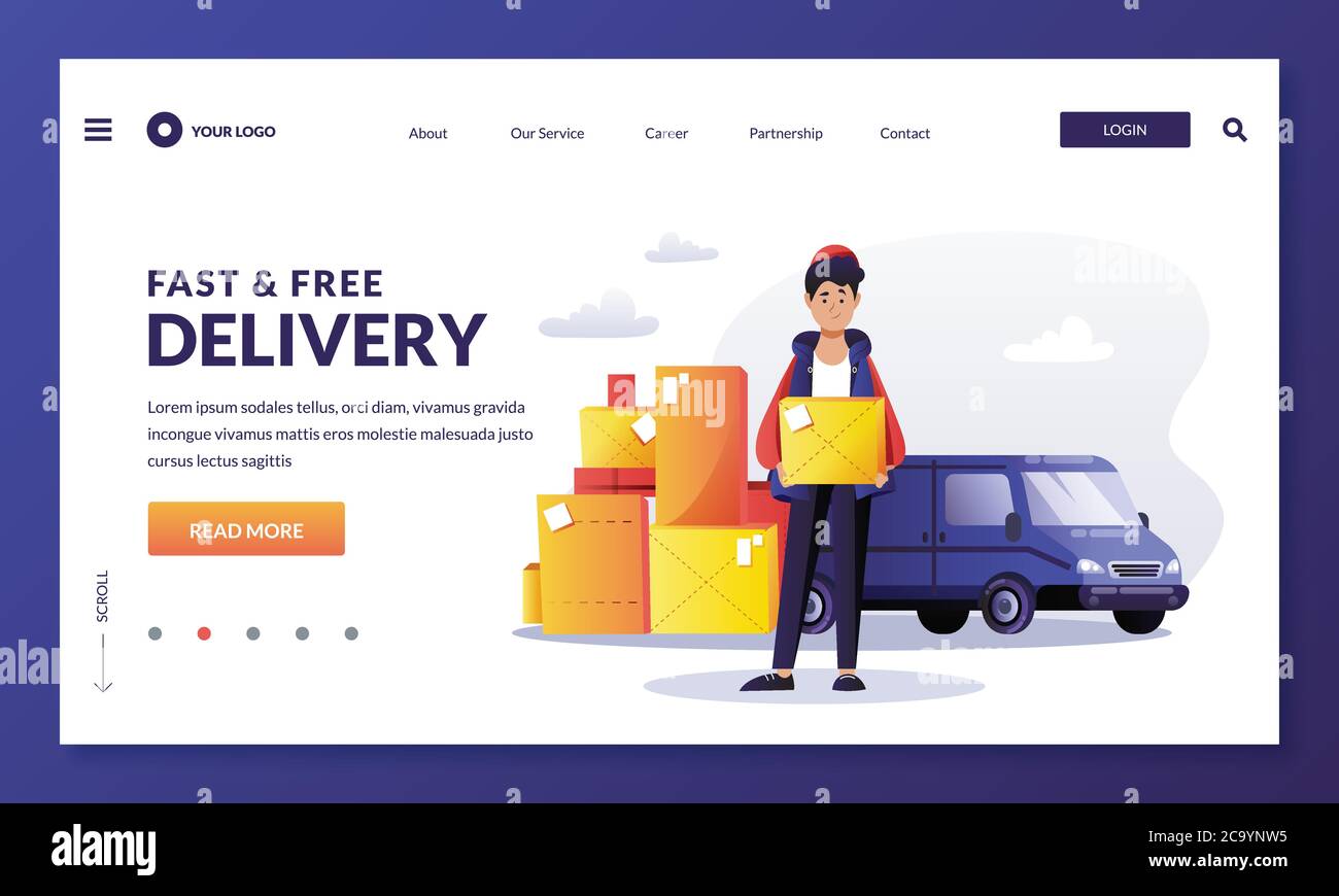 Home Delivery Service Banner Design Vorlage. Kurier hält Paket. Junger Mann trägt Briefkarton. Vector flache Cartoon-Charakter und Auto van il Stock Vektor