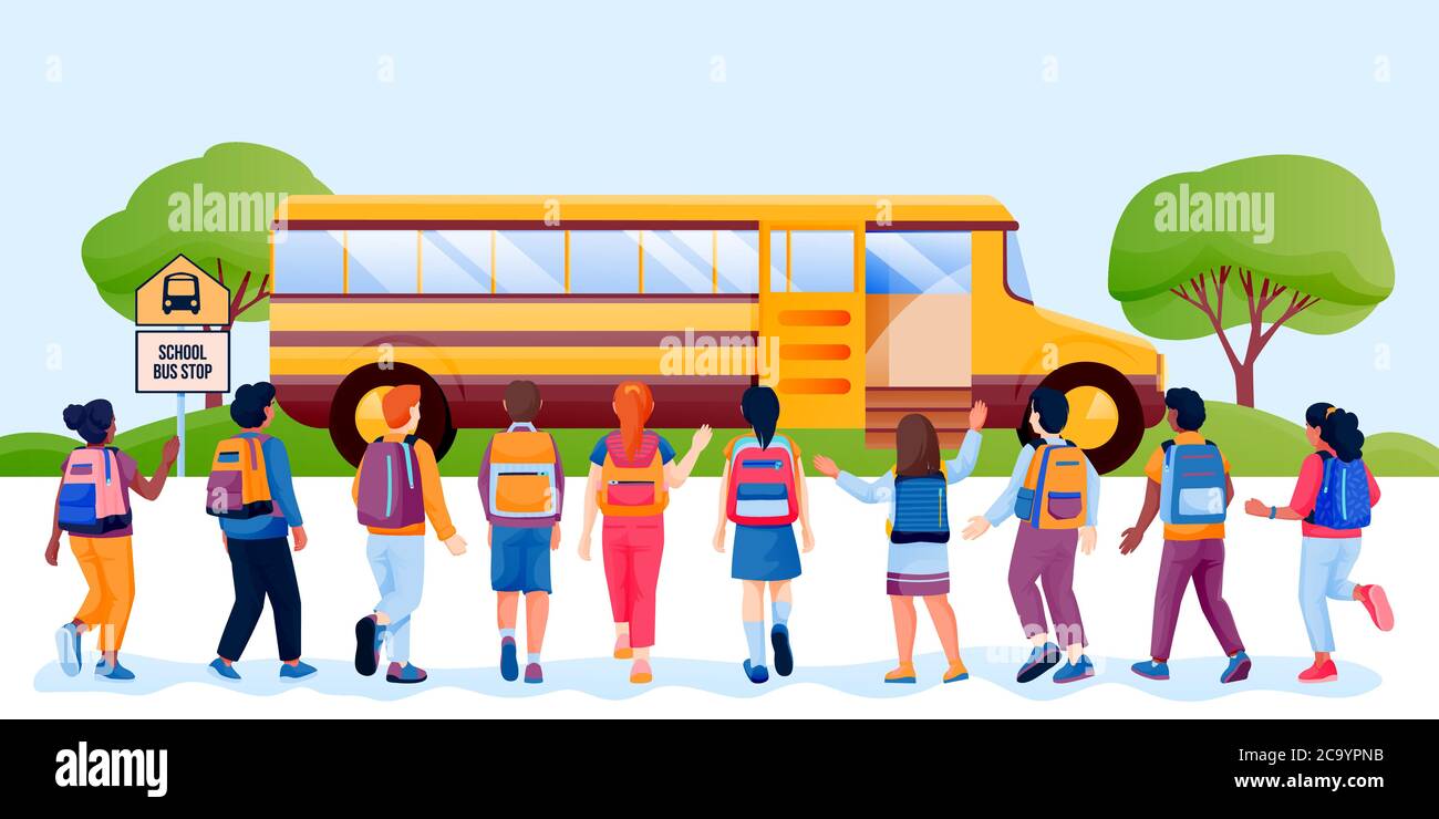 Zurück zur Schule oder erster Schultag Konzept. Kinder Schüler mit Rucksäcken laufen zu gelben Bus. Vektor flach Cartoon Rückansicht Illustration Stock Vektor