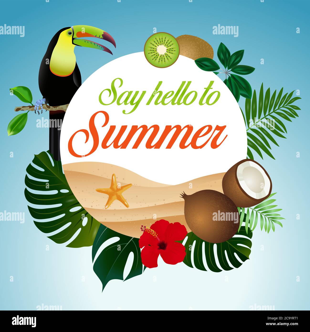 Sagen Sie Hallo zum Sommer und Kreis Banner mit Symbolen Stockfoto