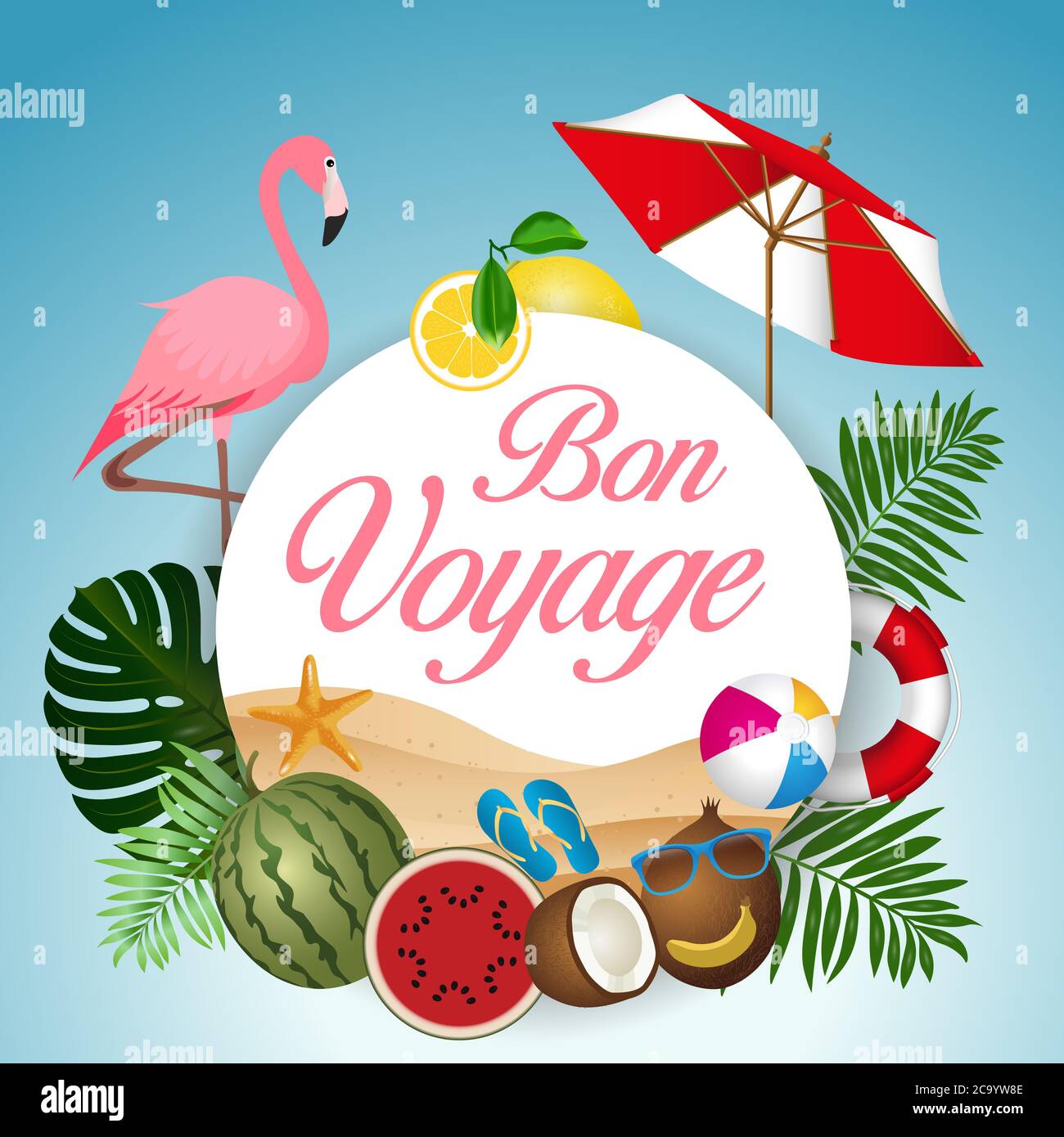 Bon Voyage und Kreisbanner mit tropischen Symbolen Stockfoto