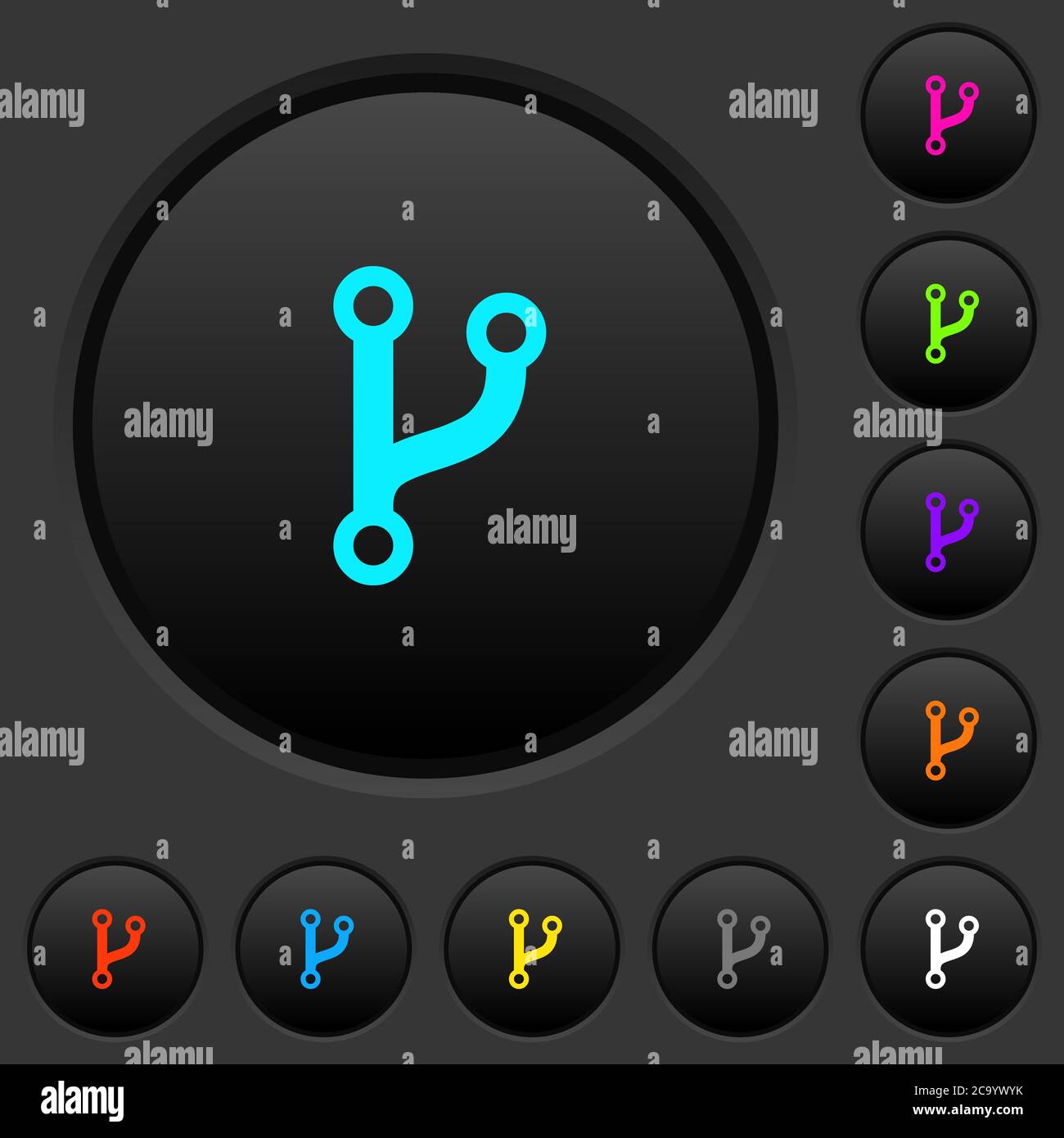 Dunkle Codebabel-Drucktasten mit lebendigen Farbsymbolen auf dunkelgrauem Hintergrund Stock Vektor