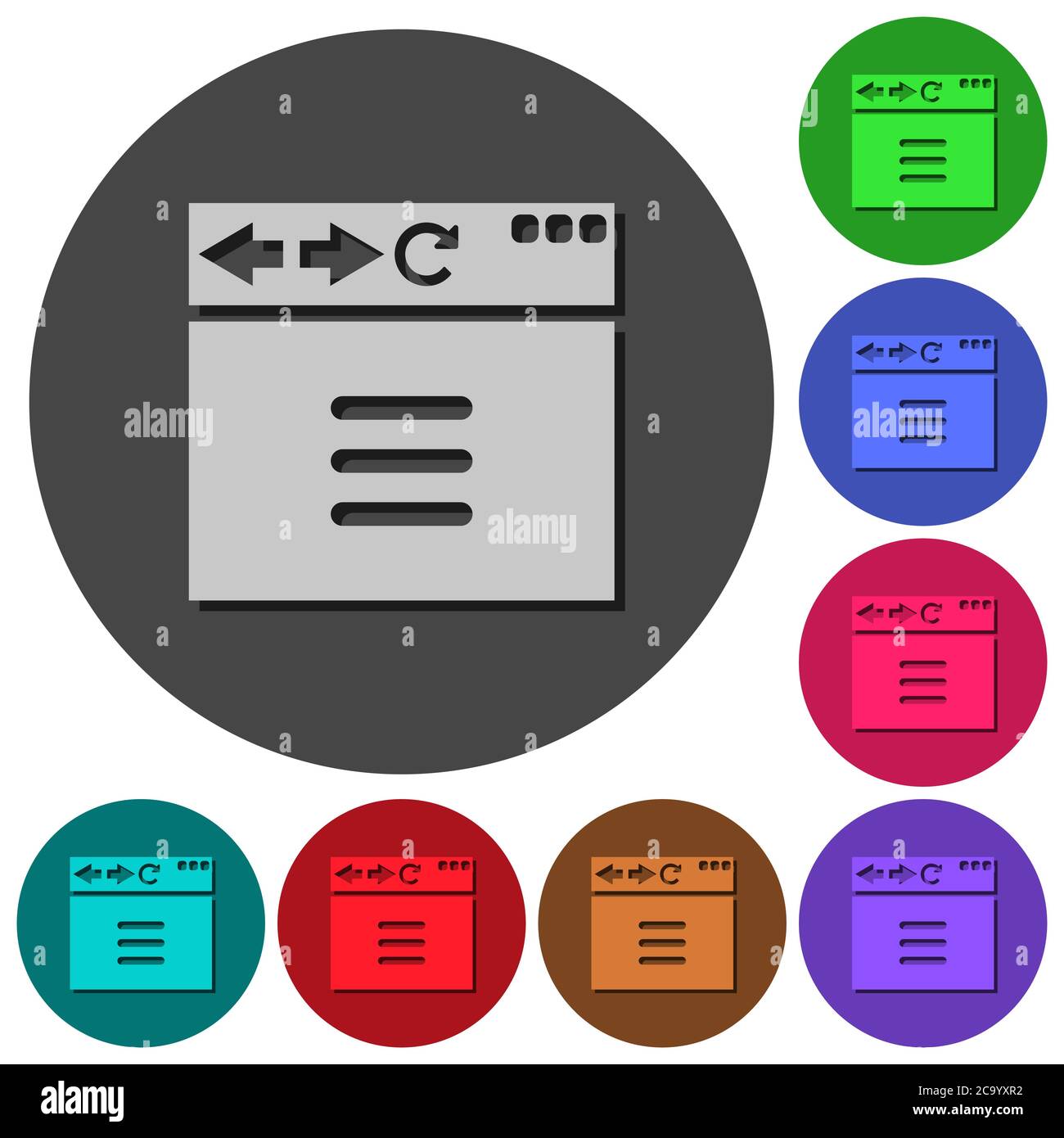 Browser-Optionen Symbole mit Schatten auf farbigen runden Hintergründen für die Materialgestaltung Stock Vektor