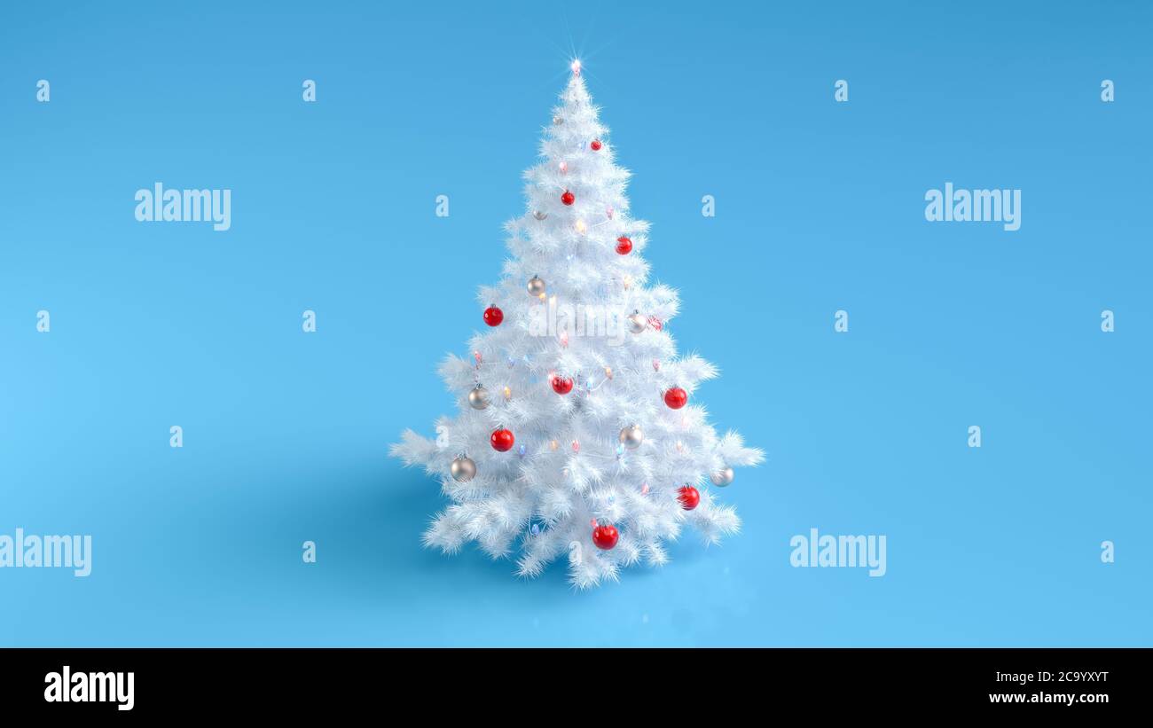 Weiß geschmückter Weihnachtsbaum mit funkelnden beleuchteten Weihnachtslichtern auf blauem Hintergrund. Frohe Weihnachten und ein glückliches neues Jahr 3D-Illustration. Weihnachtsbaum Winterferien Symbol. 3D-Rendering. Stockfoto