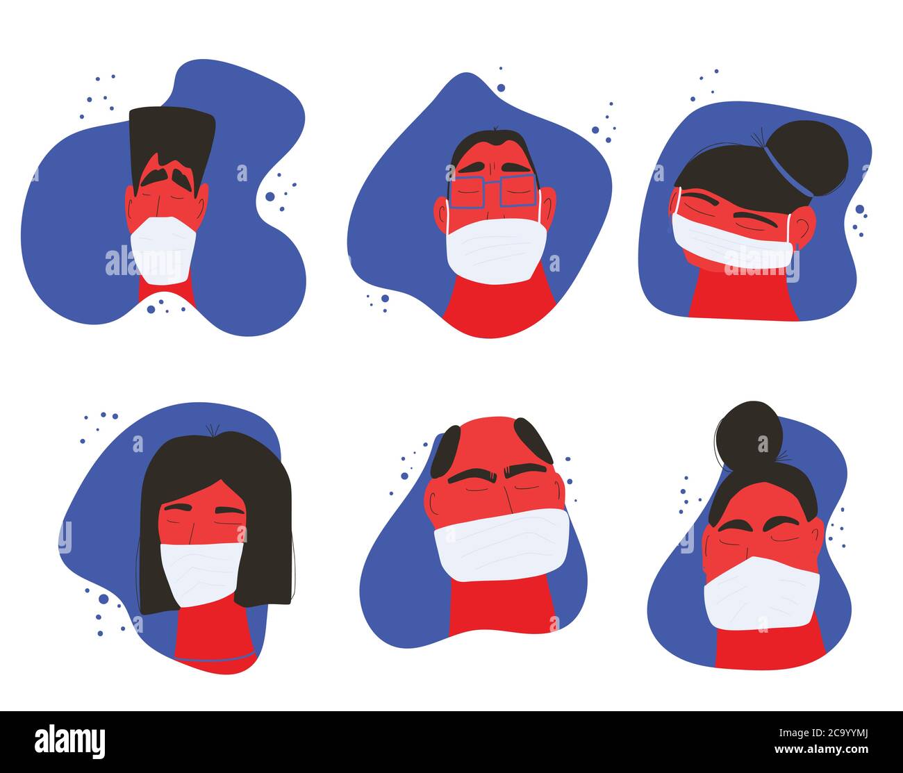 Coronavirus. Männer und Frauen in weißen medizinischen Gesichtsmaske Symbole isoliert. Verschiedene Zeichen in Präventionsmasken. Pandemie des Coronavirus. Vektor flach i Stock Vektor
