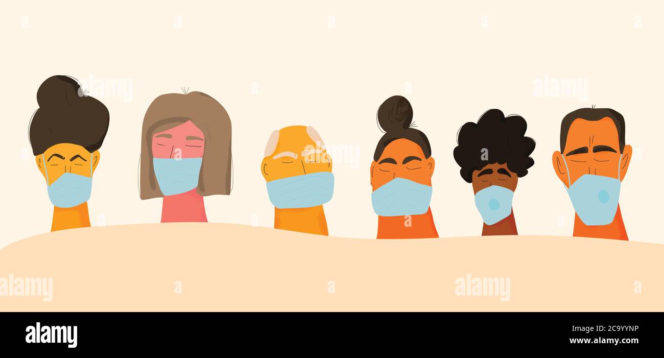 Coronavirus-Schutzkonzept. Männer und Frauen in weißen medizinischen Gesichtsmaske. Zeichen in Schutzmasken. Menschenmenge, die vor Virusinfektion schützt Stock Vektor