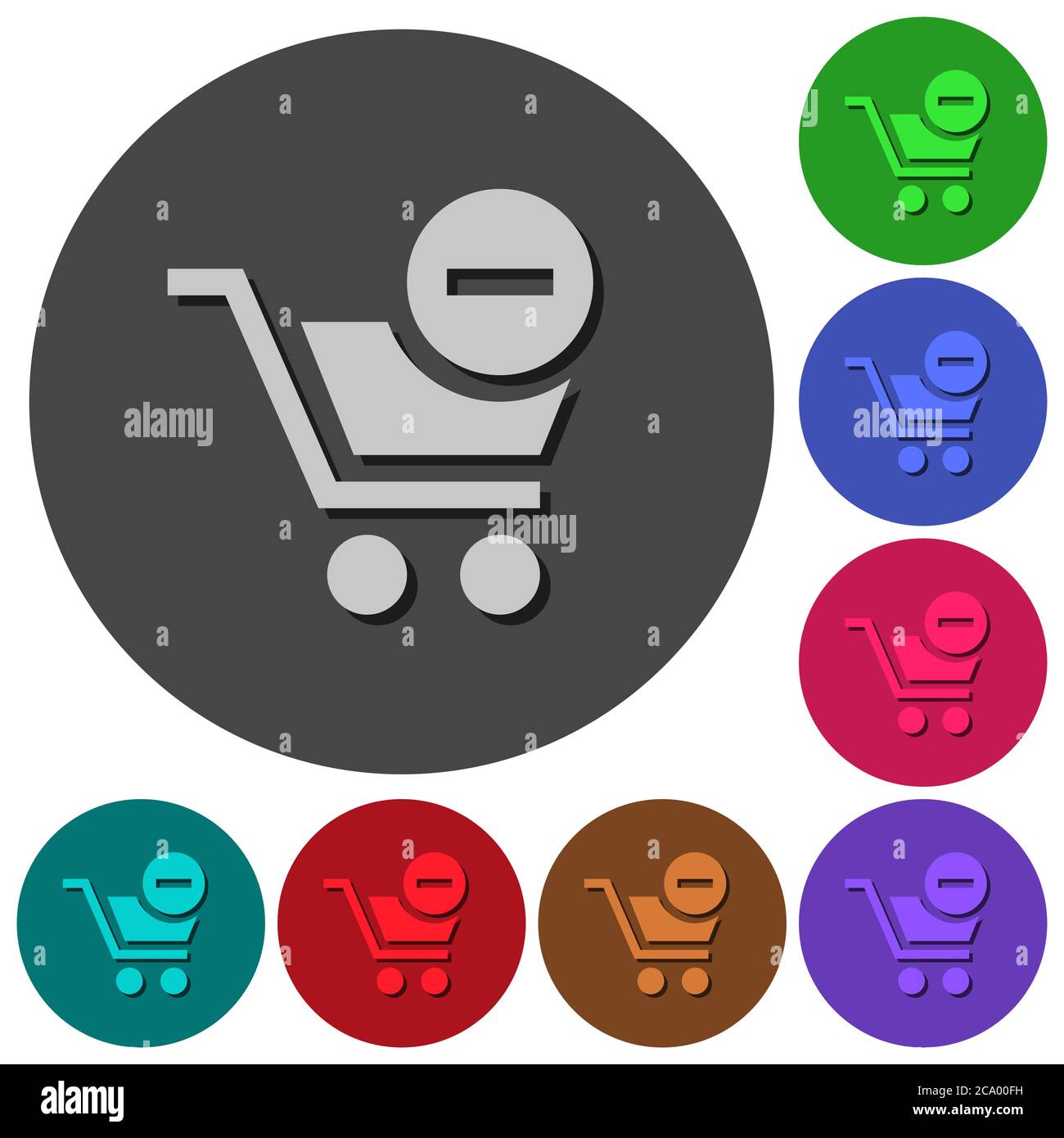Entfernen Sie Artikel aus dem Warenkorb Symbole mit Schatten auf farbigen runden Hintergründen für Materialdesign Stock Vektor