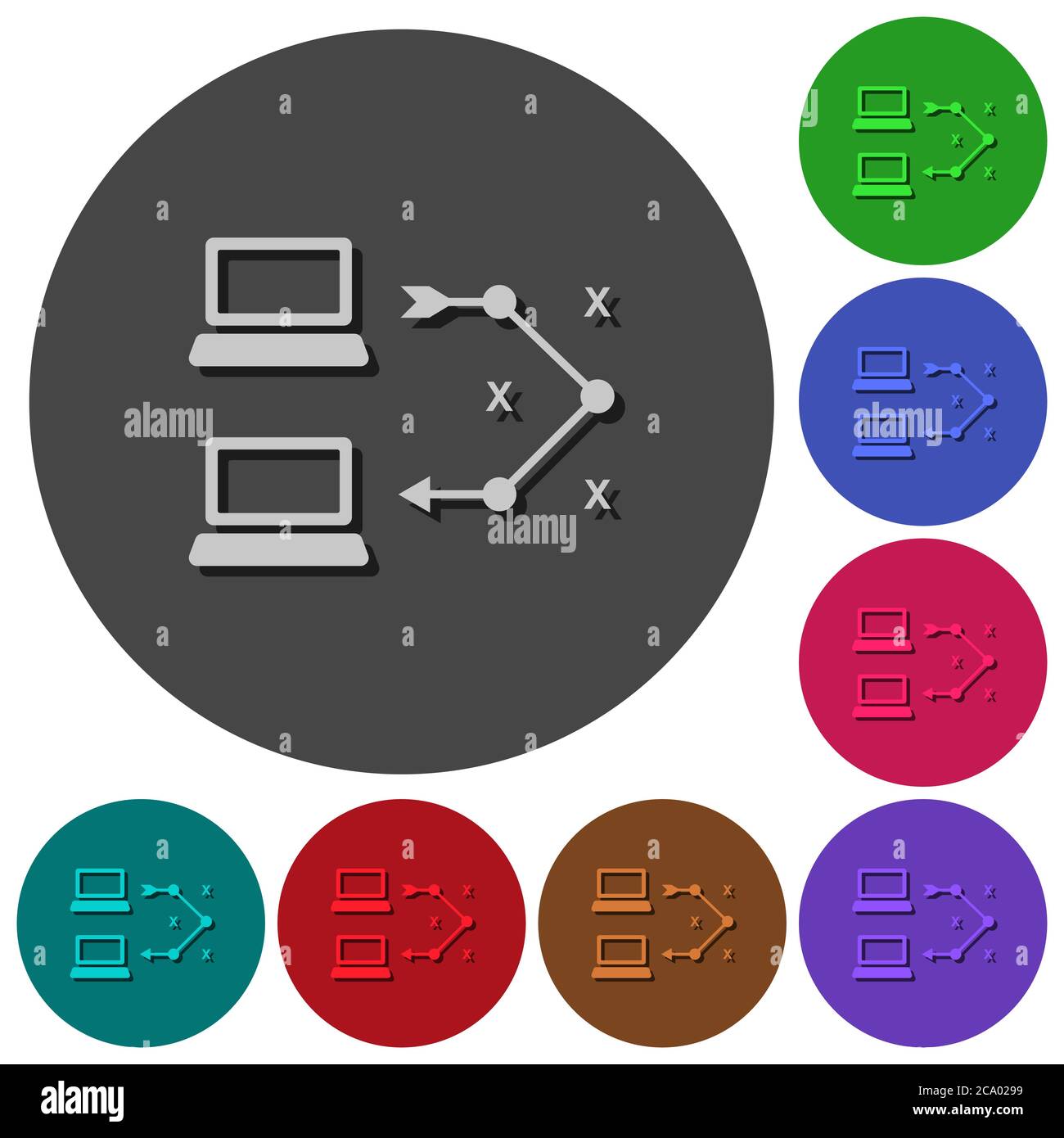 Traceroute Remote-Computer-Symbole mit Schatten auf farbigen runden Hintergründen für Materialdesign Stock Vektor
