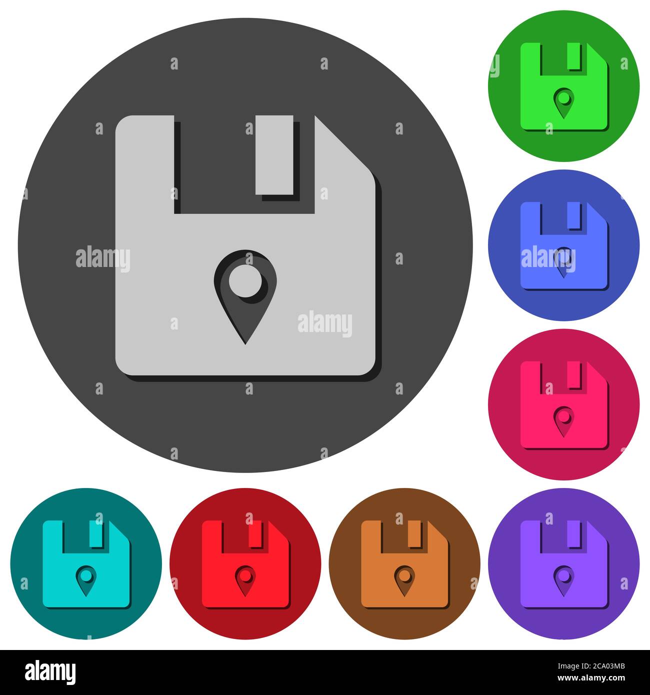 Symbole für Dateispeicherorte mit Schatten auf farbigen runden Hintergründen für die Materialgestaltung Stock Vektor