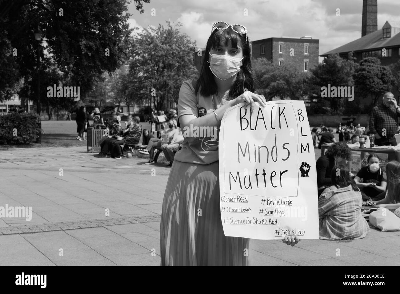 Protestkundgebung für Black Lives Matter Treffen mit Corona Virus Maske am 11. Juli 2020 in Hull, Humberside, Großbritannien. Stockfoto