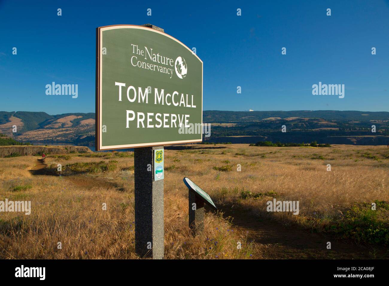 Eintrittsschild, Tom McCall Preserve, Columbia River Gorge National Scenic Area, Oregon Stockfoto