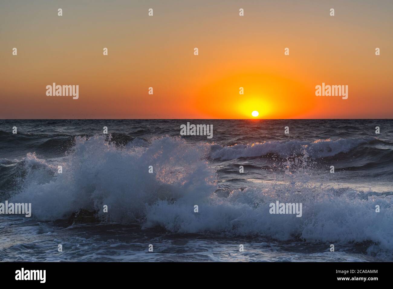 Sonnenuntergang und Sturm auf dem Meer. Große Wellen vor dem Hintergrund der untergehenden Sonne. Sommersturm auf dem Schwarzen Meer. Wunderschöne Meeresbrause auf den Felsen. Stockfoto