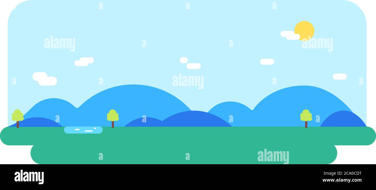 Naturlandschaft mit Fluss, Hügeln, Sonne und Himmel Hintergrund.Vektor-Illustration.Flat Naturszene Hintergrund. Stock Vektor