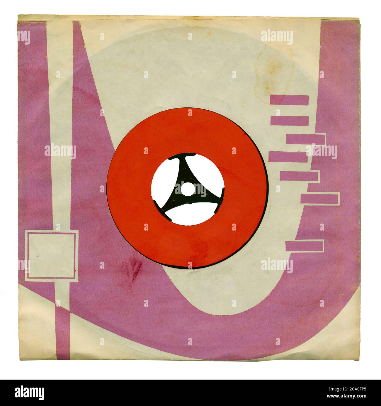 Alte grungy Vinyl-Platte mit vergilbten zerrissenen Innenhülle, freier Kopierraum, isoliert auf weißem Hintergrund, flach liegend Stockfoto