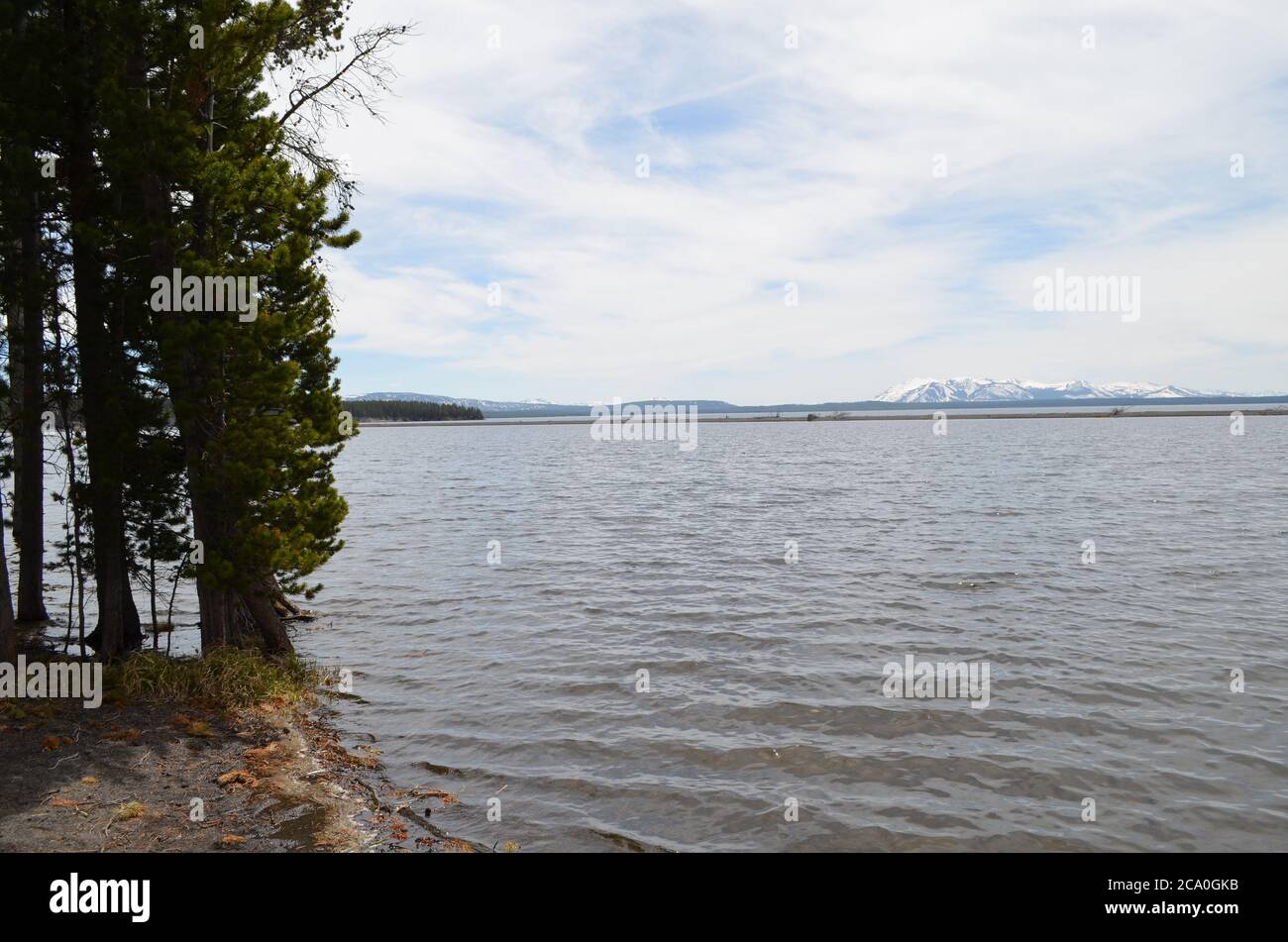 Spätfrühling im Yellowstone National Park: Flacher Berg mit Mount Sheridan der Roten Berge von der Nähe des Picknickgebiets entlang des Yellowstone La aus gesehen Stockfoto
