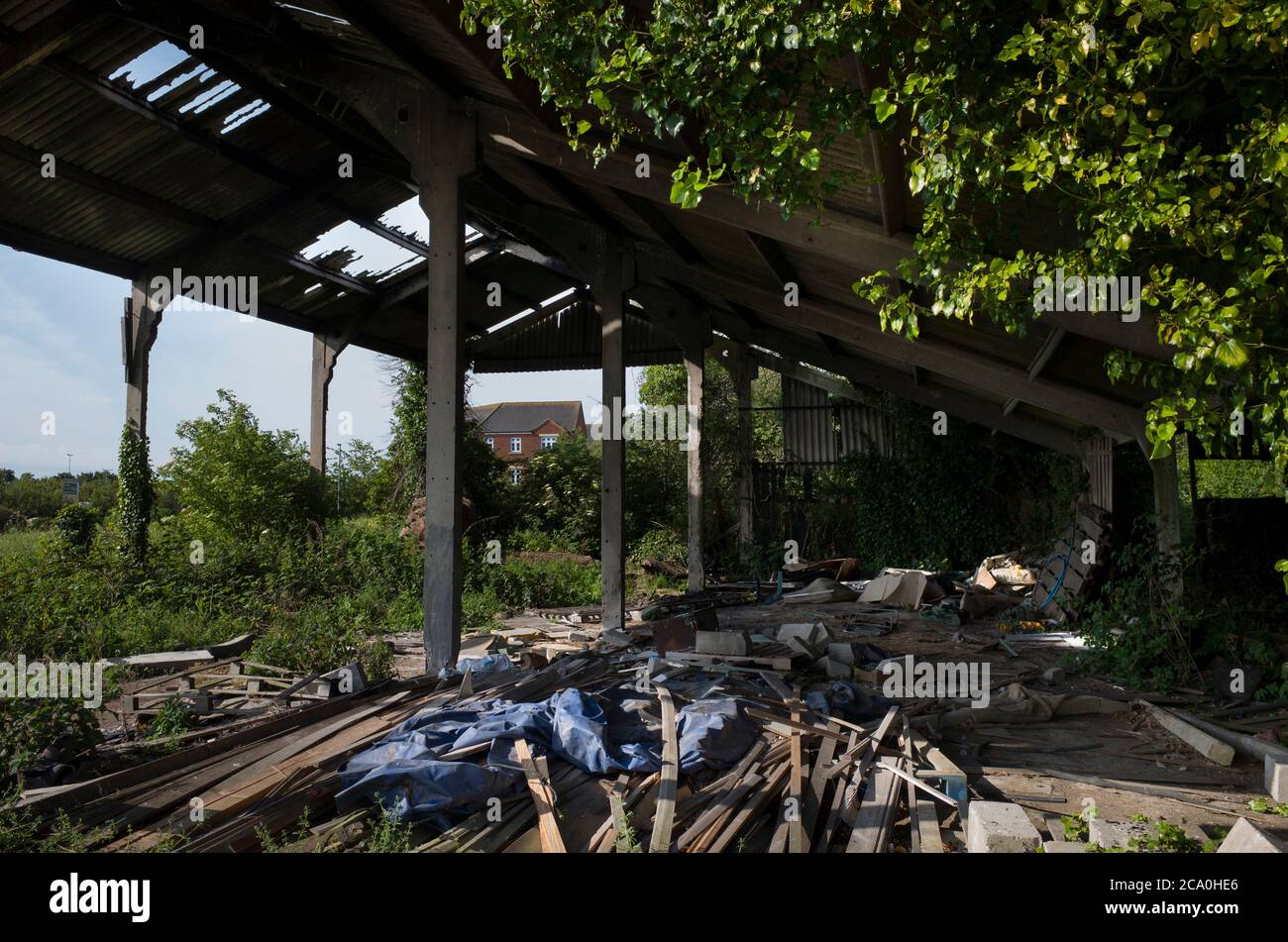 Alte beschädigte Scheune, die auf der Blacksole Farm, Kent, England, auseinanderfällt. Stockfoto