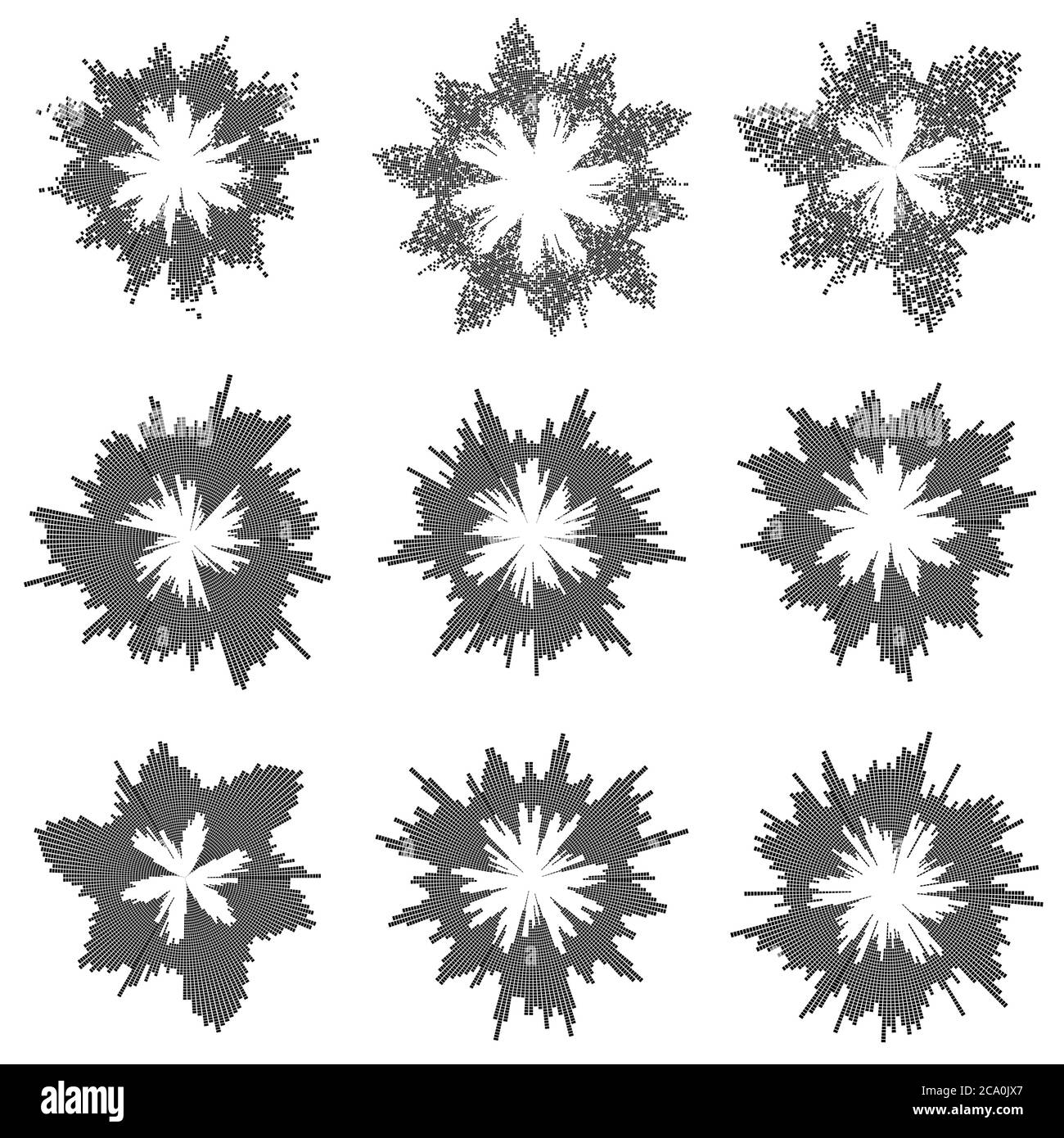 Kreisförmige Lautstärkewelle. Musikleiste isoliert auf Weiß eingestellt. Runde Energie- und Energiezeichen. Abstraktes Element mit radialem Audio-Grafik. Illustration von Futu Stock Vektor