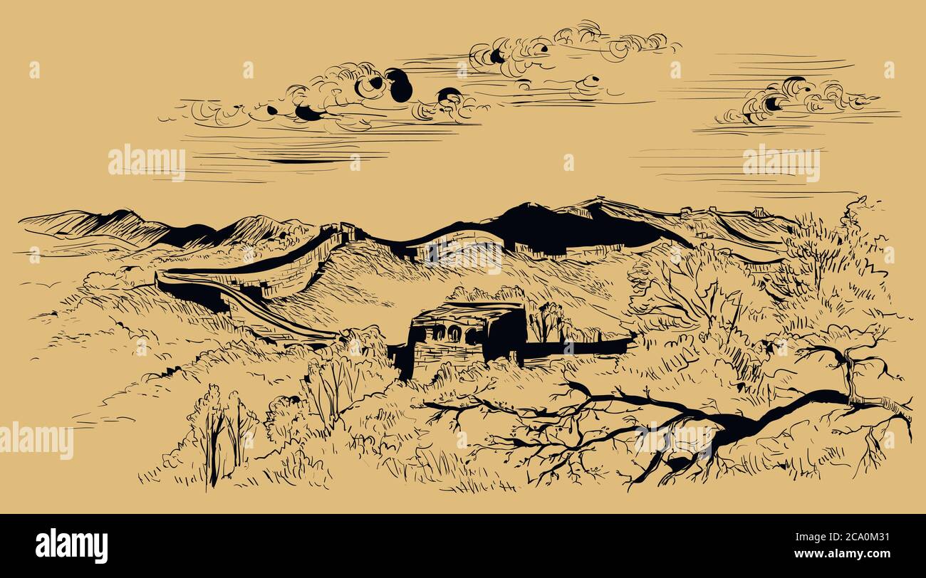 Skizze der Chinesischen Mauer, Wahrzeichen Chinas. Vektor-Handzeichnung Illustration in roten Farben isoliert auf beigem Hintergrund. Stock Vektor