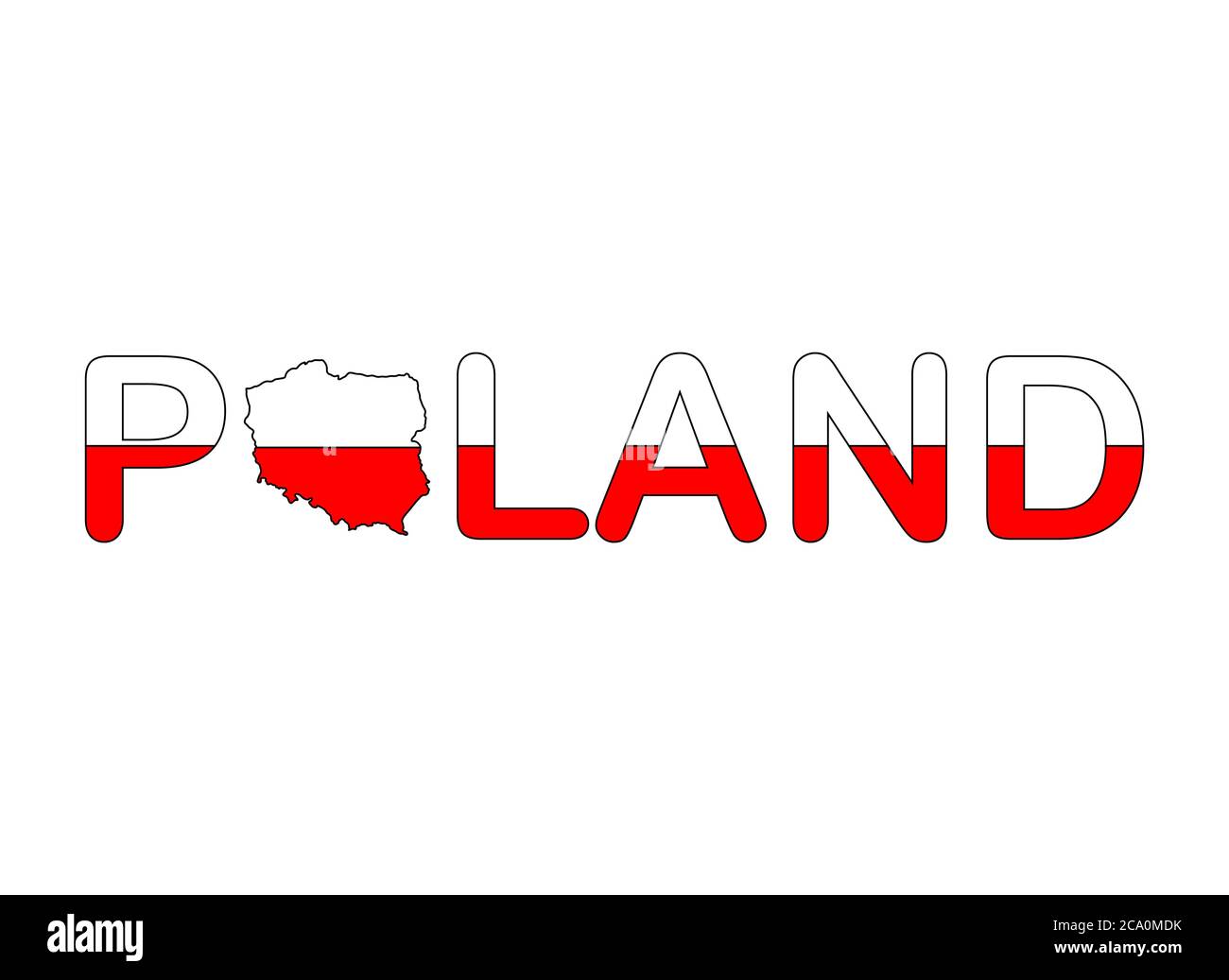 Polen Text mit Landkarte Flagge in patriotischen politfarbenen roten und weißen Farben isoliert auf weiß. Abstrakte Geographie-Infografik mit Lettering-Vorlage. Illustrat Stock Vektor