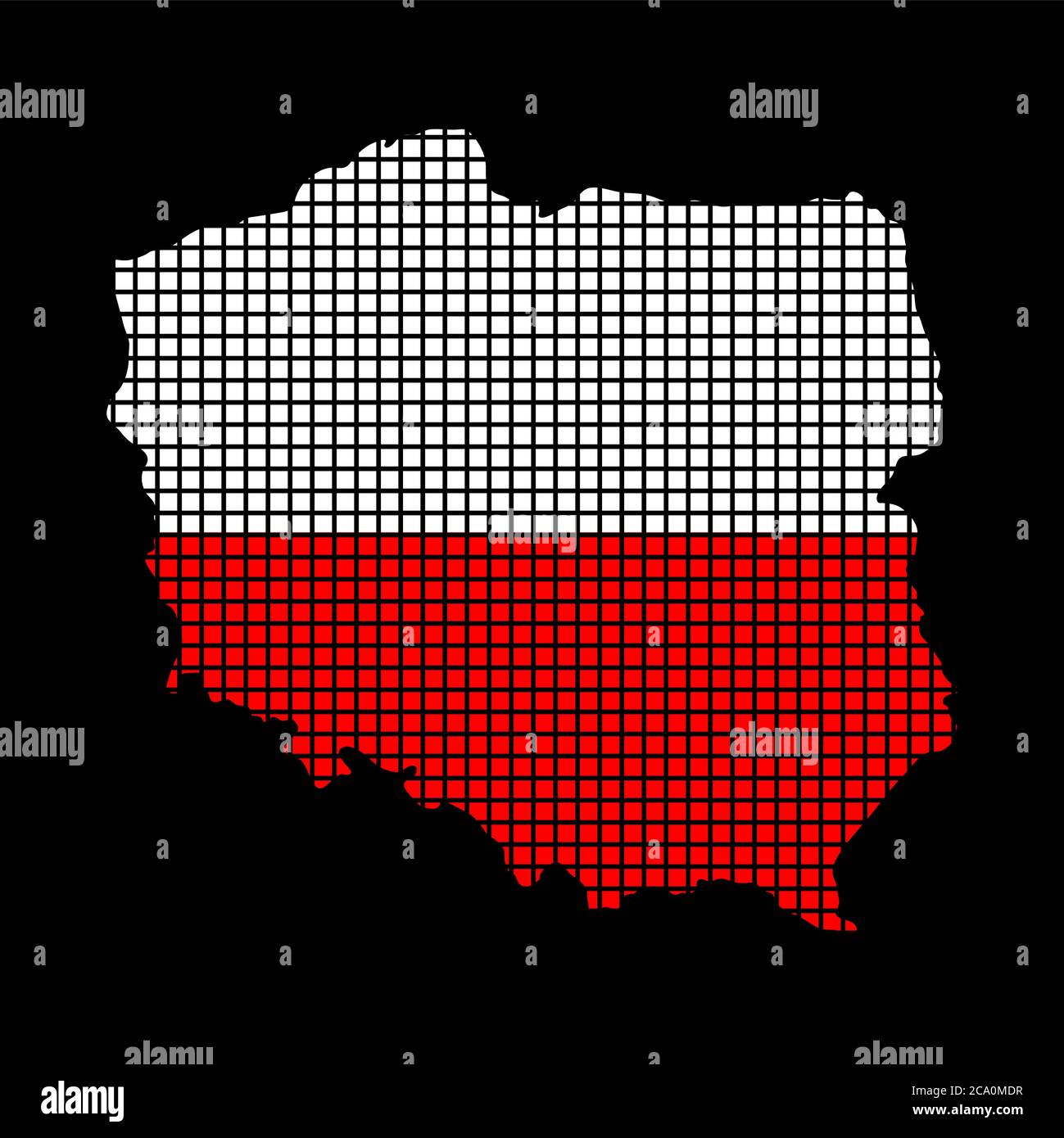 Polnische Flagge auf der Karte aus Quadraten, Infografik isoliert auf schwarz. Die roten und weißen patriotischen Farben Polens. Halbtoneffekt Vektordatei. Illustrat Stock Vektor