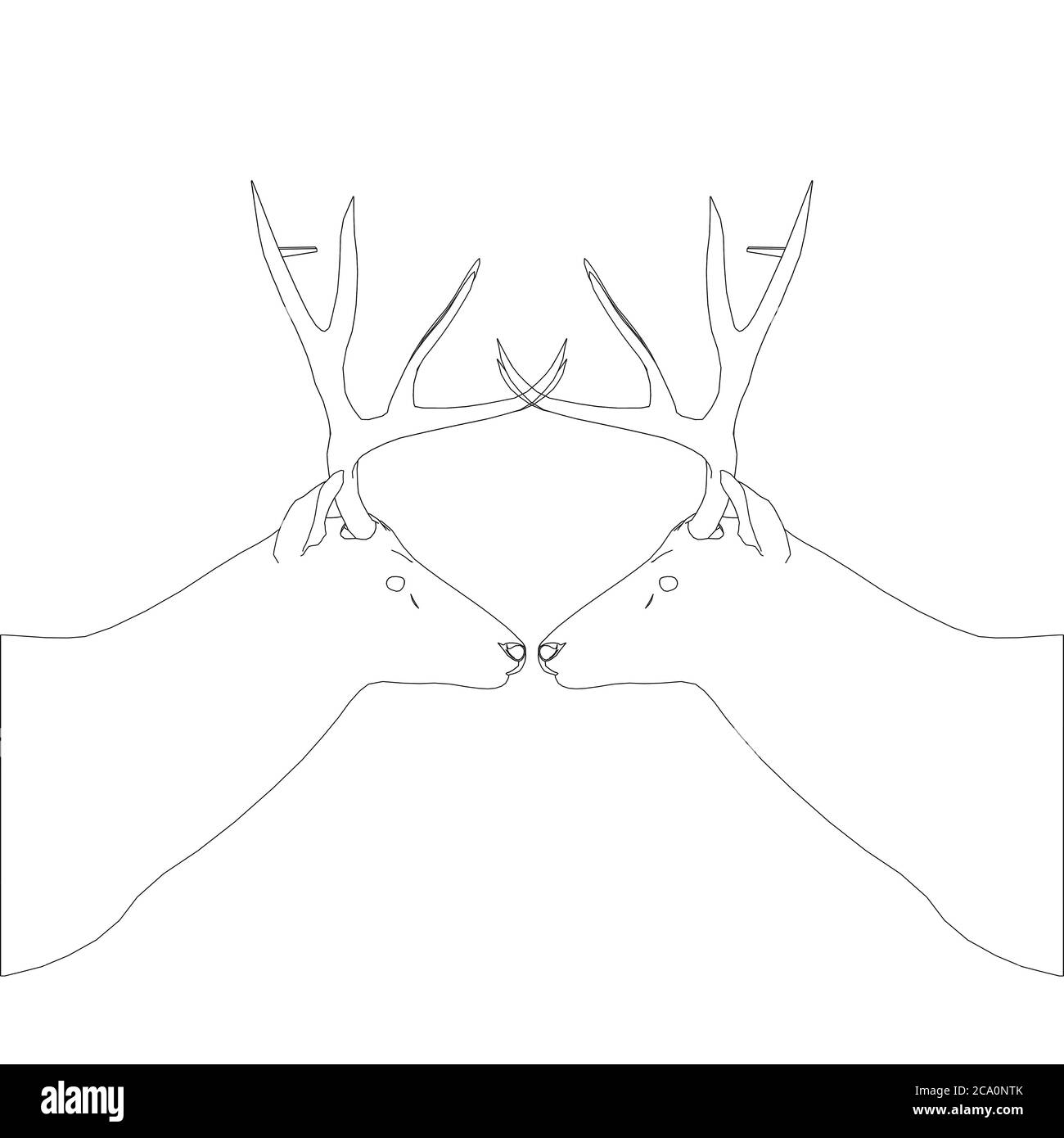 Hirschkopf-Kontur mit großem Geweih aus schwarzen Linien auf weißem Hintergrund. Seitenansicht. Vektorgrafik. Stock Vektor