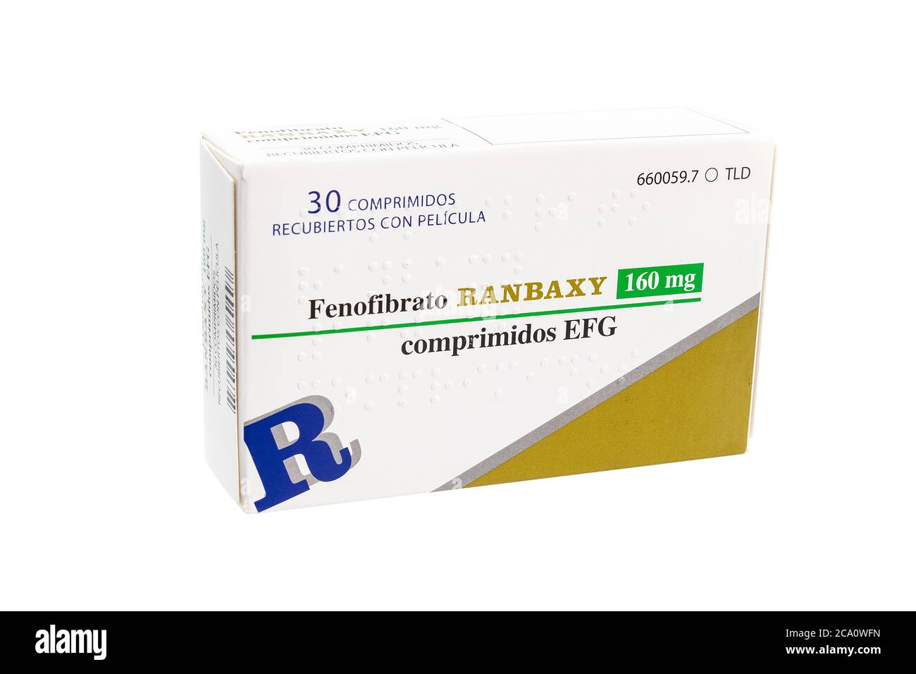 Huelva, Spanien - 23. Juli 2020: Spanish Box Fenofibrate Marke Randaxy, ist ein Medikament der Fibrate Klasse verwendet, um abnorme Blutfettwerte zu behandeln Stockfoto
