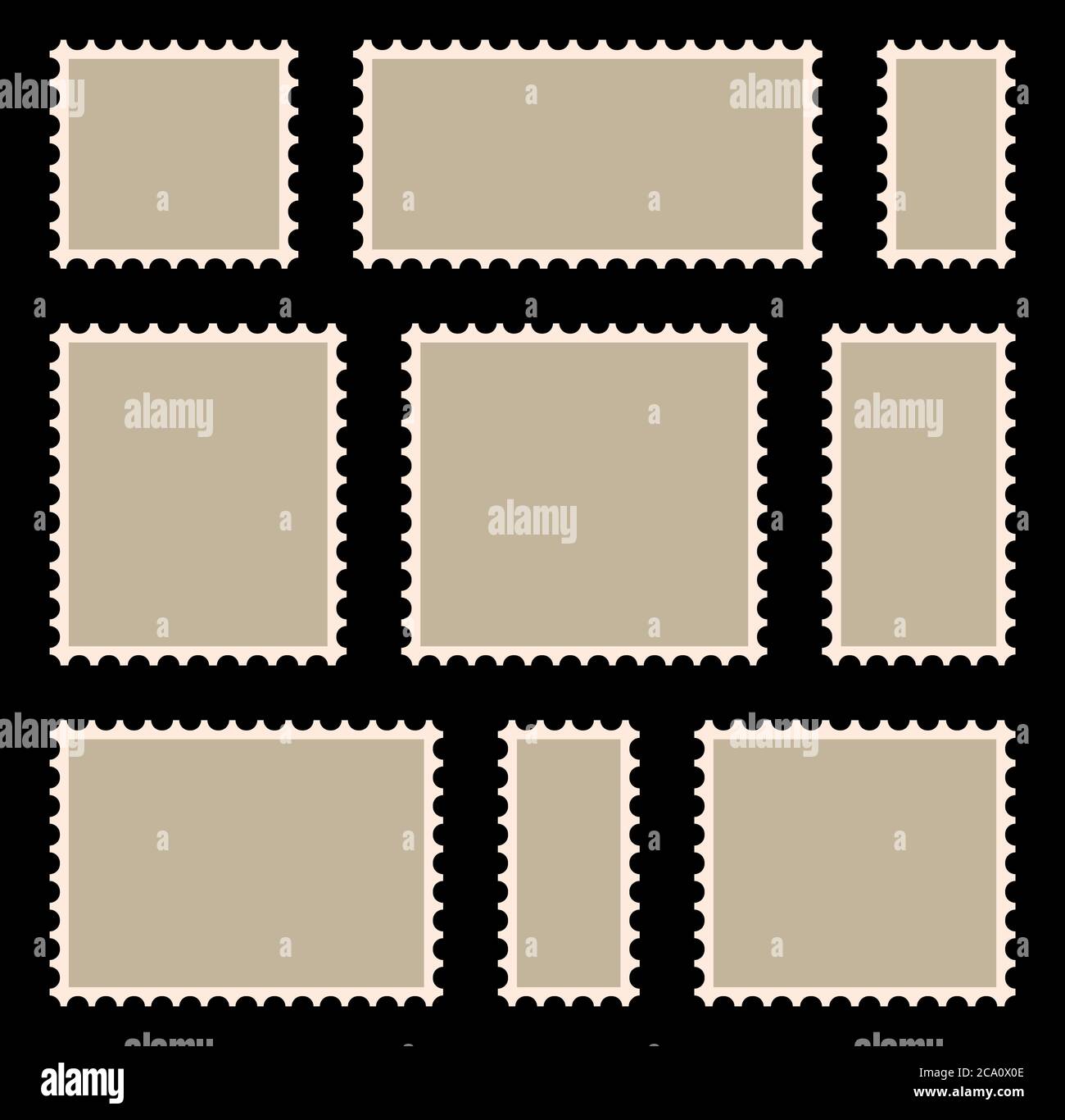 Poststempelrahmen oder Rahmen mit Copyspace. Leere, beige Briefmarkensammlung. Retro-Briefmarke mit perforiertem Rand. Clipart-Abbildung Stock Vektor