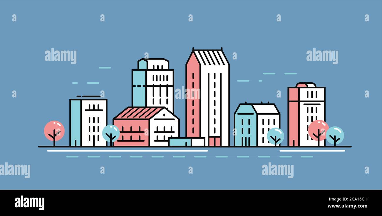 Stadtlandschaft im linearen Stil. Stadtbild, Gebäudekonzept Stock Vektor