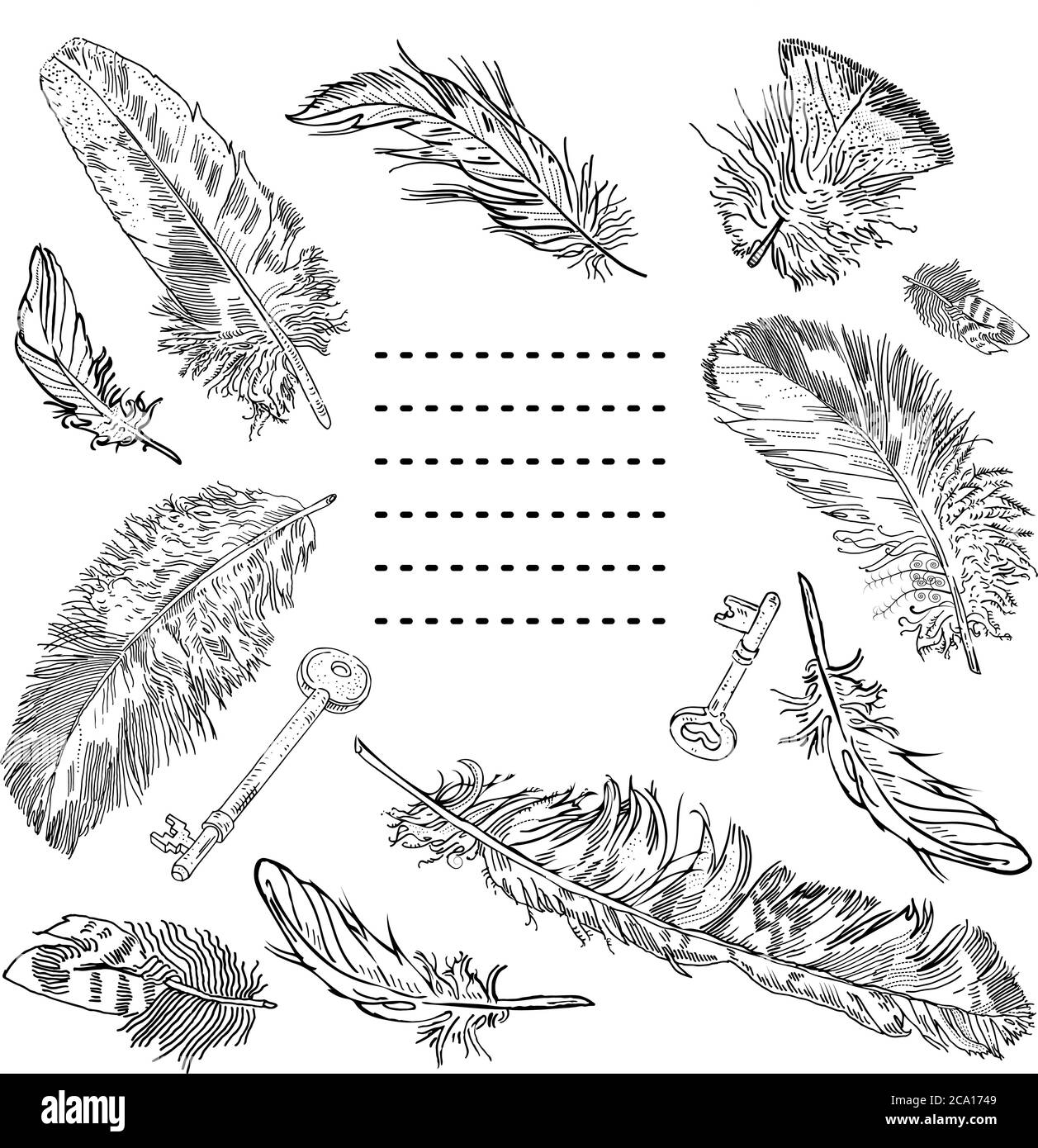 Dekorativer Rahmen aus handgezeichneten Federn und Schlüsseln mit Platz für Text. Einladung, Postkarte, Malseite. Stock Vektor