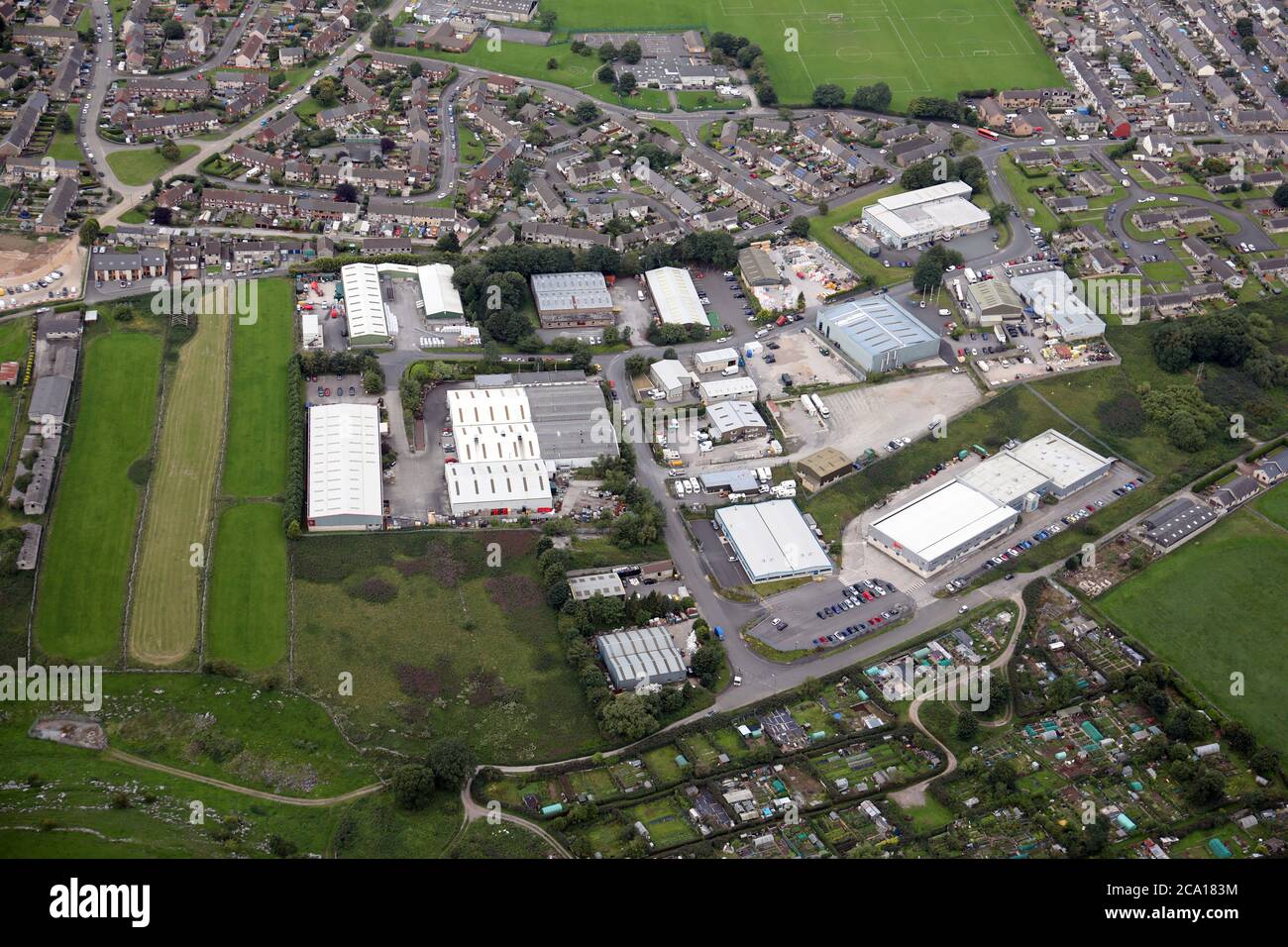 Luftaufnahme des Tongue Lane Industrial Estate, Buxton, Derbyshire Stockfoto