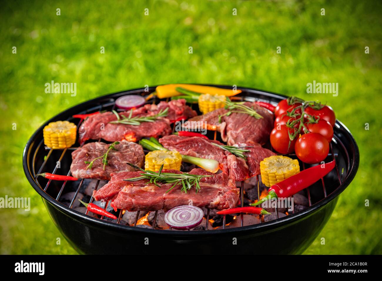 Frisches Fleisch und Gemüse auf dem Grill auf Gras gelegt. Grill-, Grill- und Food-Konzept Stockfoto