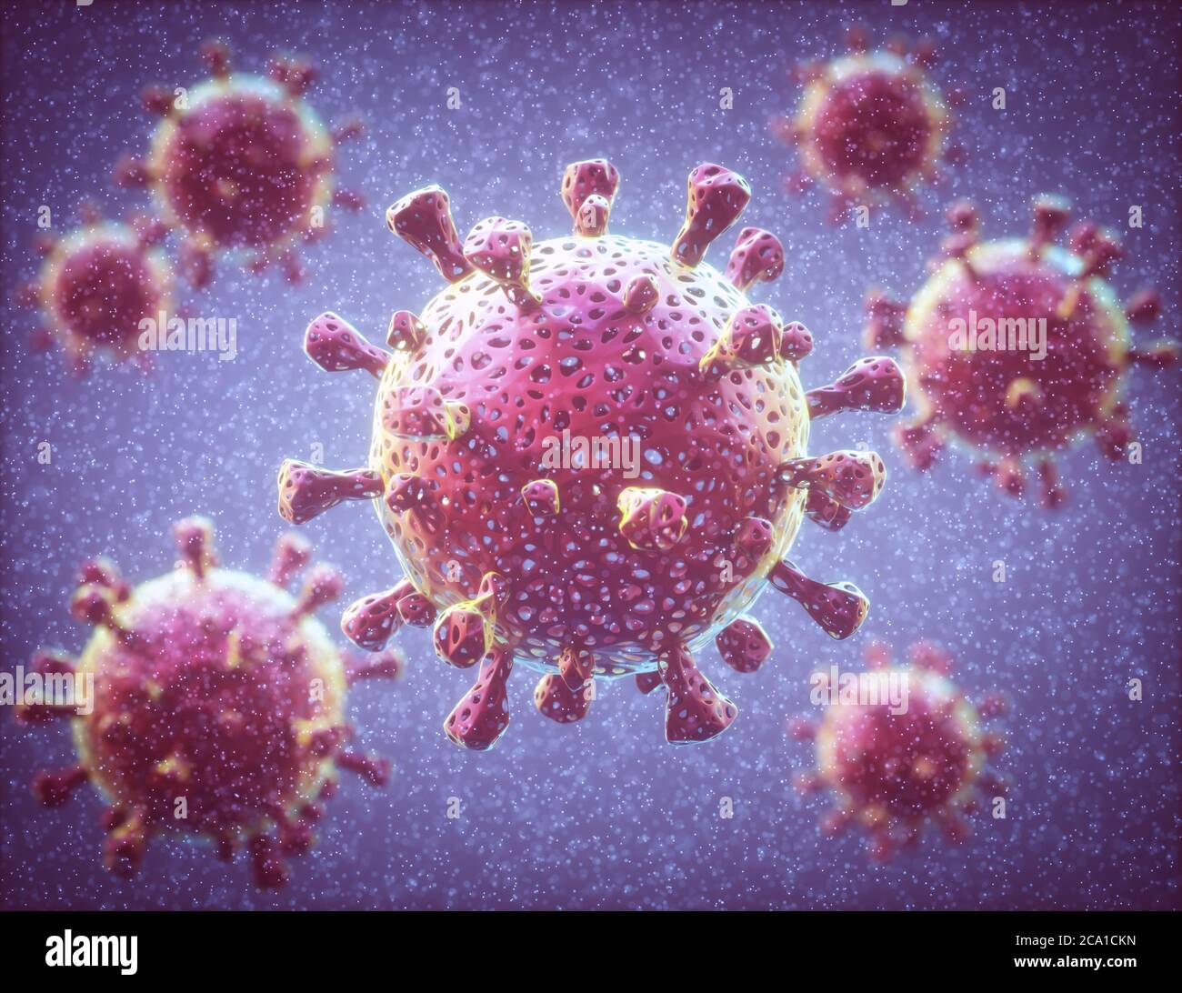 Covid-19, Coronavirus. Mehrere Covid-19-Viren infizieren den menschlichen Organismus. Konzeptbild des Virus in menschlichen Zellen. Stockfoto