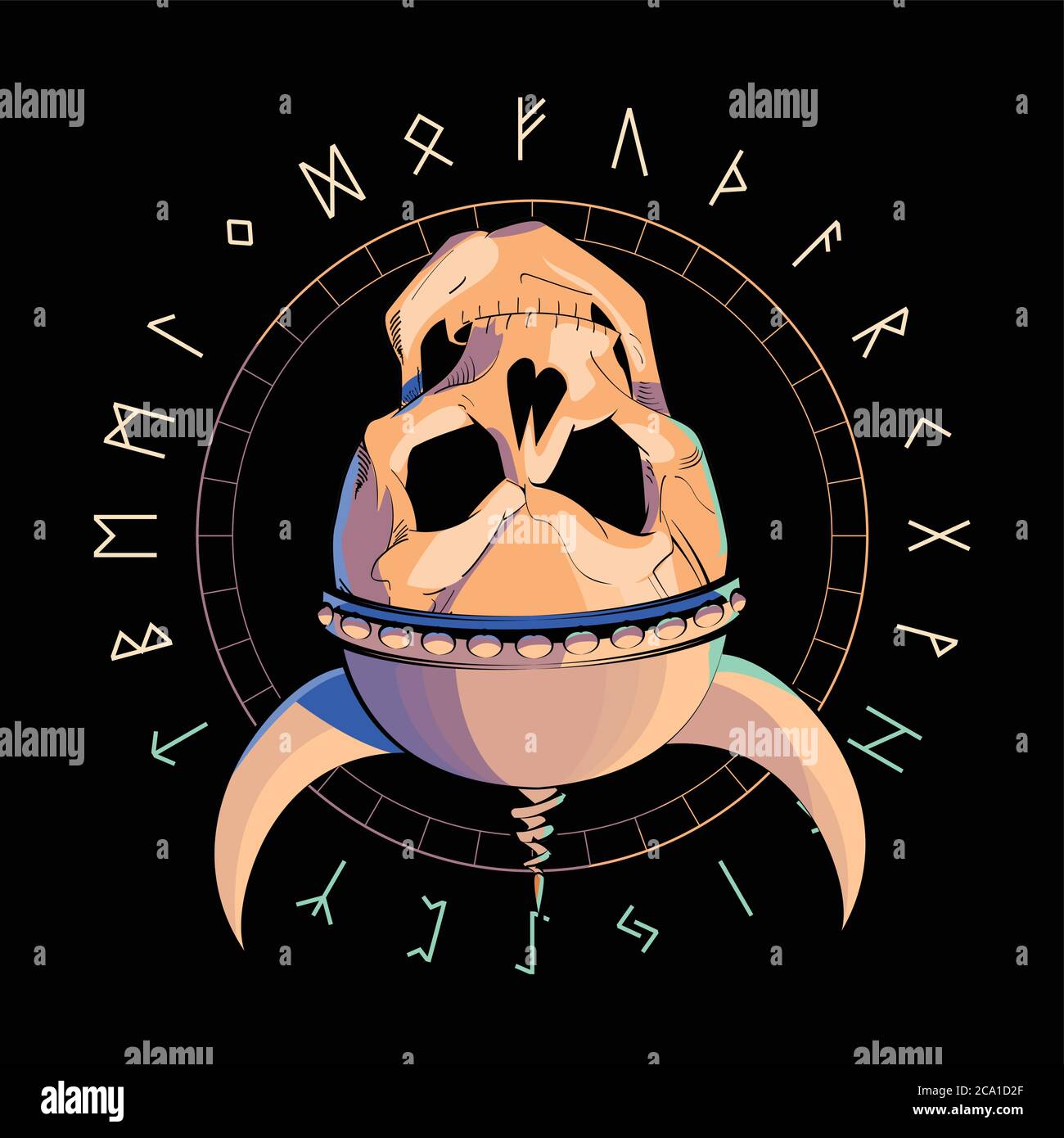 vektor-Illustration eines Schädels mit einem Helm auf den Kopf gestellt über einem invertierten Stern und Runenzeichen isoliert auf schwarz. Totenkopf Zeichnung für t-shir Stock Vektor