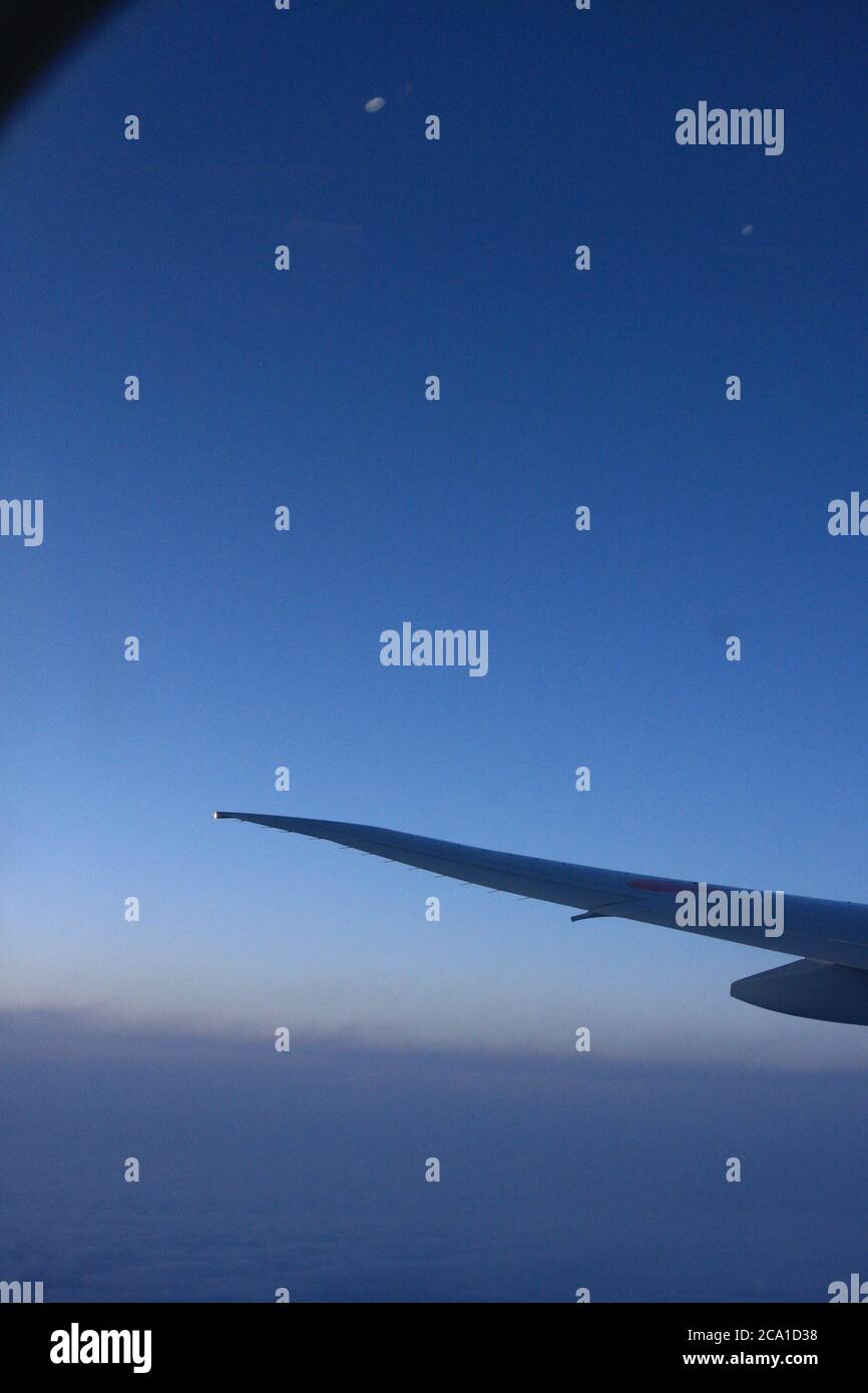 Flugzeugflügel mit Dämmerung und tiefblauem Himmel auf dem Flug nach Japan. Stockfoto