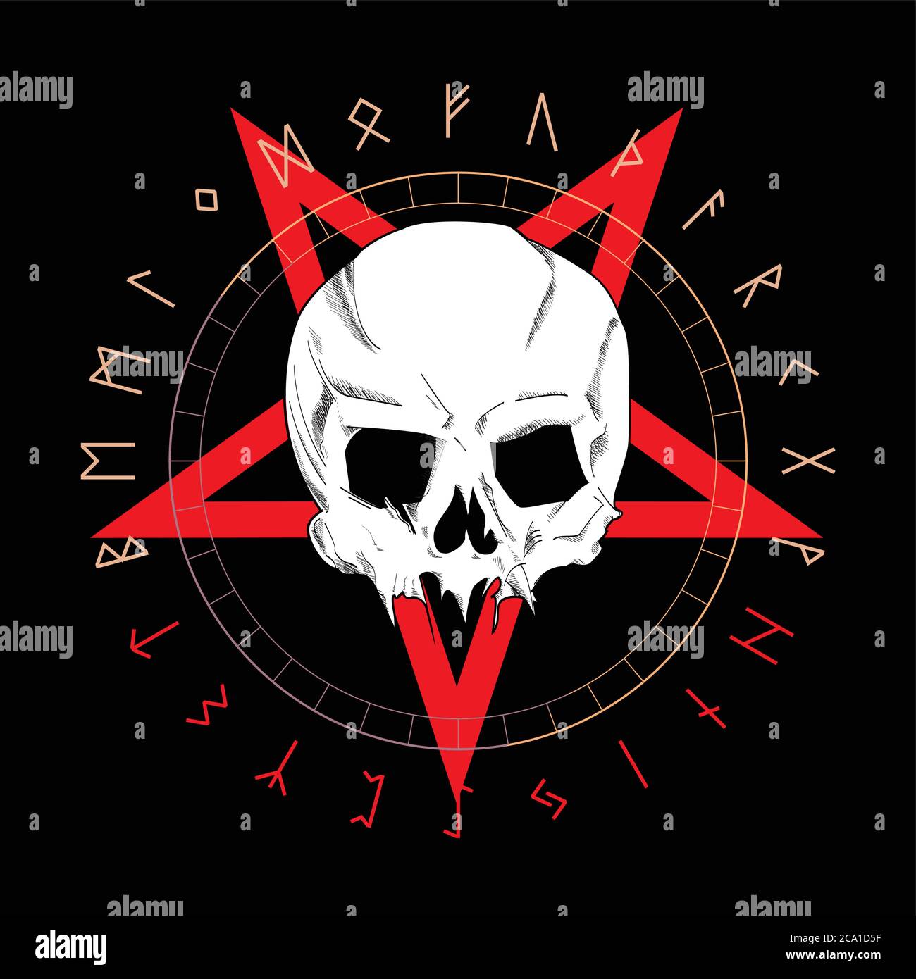 T-Shirt Vektor-Design eines weißen Schädels über einem roten invertierten Stern und Runenzeichen isoliert auf schwarz. Totenkopf Zeichnung für Poster oder T-Shirt. Stock Vektor