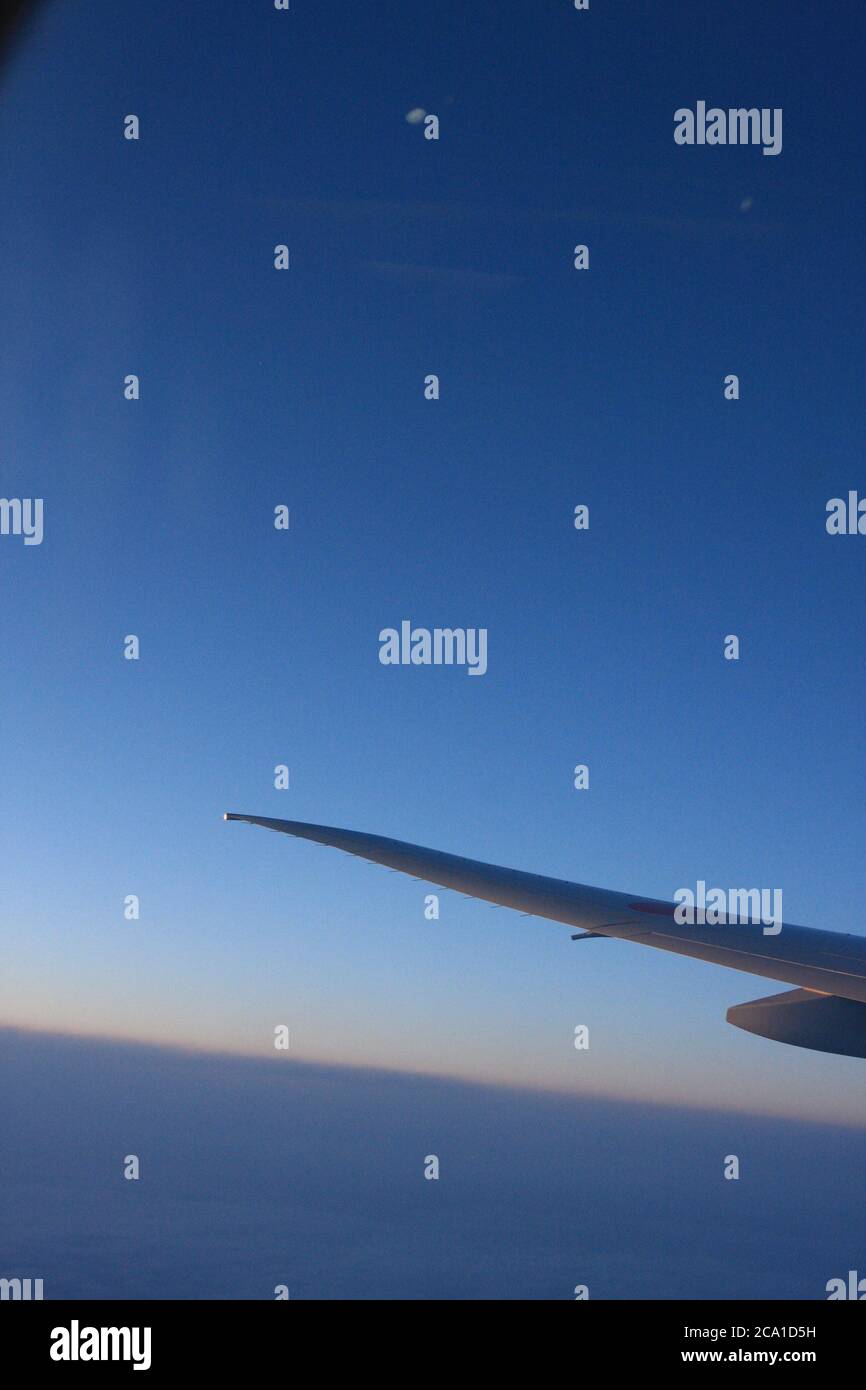 Flugzeugflügel mit Dämmerung und tiefblauem Himmel auf dem Flug nach Japan. Stockfoto