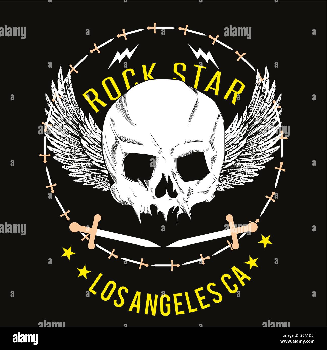 Vektor-Design für T-Shirt eines Schädels mit weißen Flügeln, mit einem Kreis von Dolchen und gelben Buchstaben auf schwarzem Hintergrund. Stock Vektor