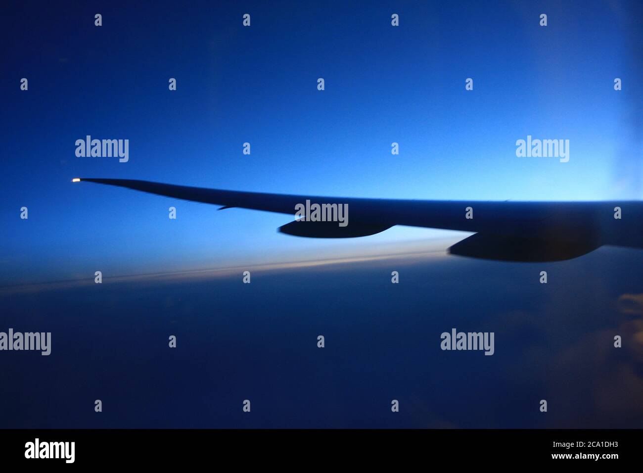 Flugzeugflügel mit Dämmerung und tiefblauem Himmel auf dem Flug nach Japan. Stockfoto