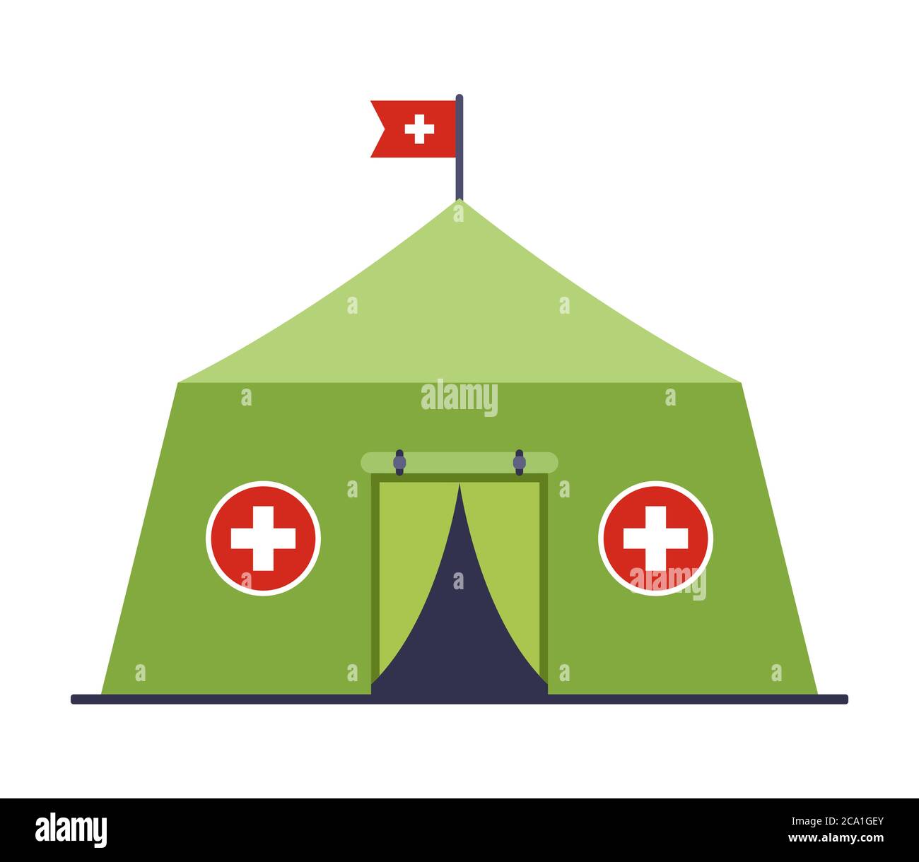 Militärisches medizinisches Zelt, das einem Patienten in einer klingenden Situation erste Hilfe leistet. Flache Vektorgrafik isoliert auf weißem Hintergrund. Stock Vektor