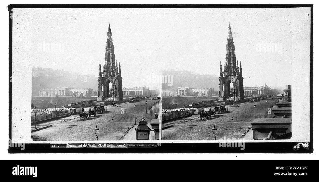 Ferrier P.F. & Soulier, J. Lévy SR Nr. 6947 Monument de Walter-Scott (Édimbourg). Princess Street in Edinburgh/Edinborough. Scottish National Gallery dahinter. Stereo-Fotografie auf Glasplatte um 1865. Stockfoto