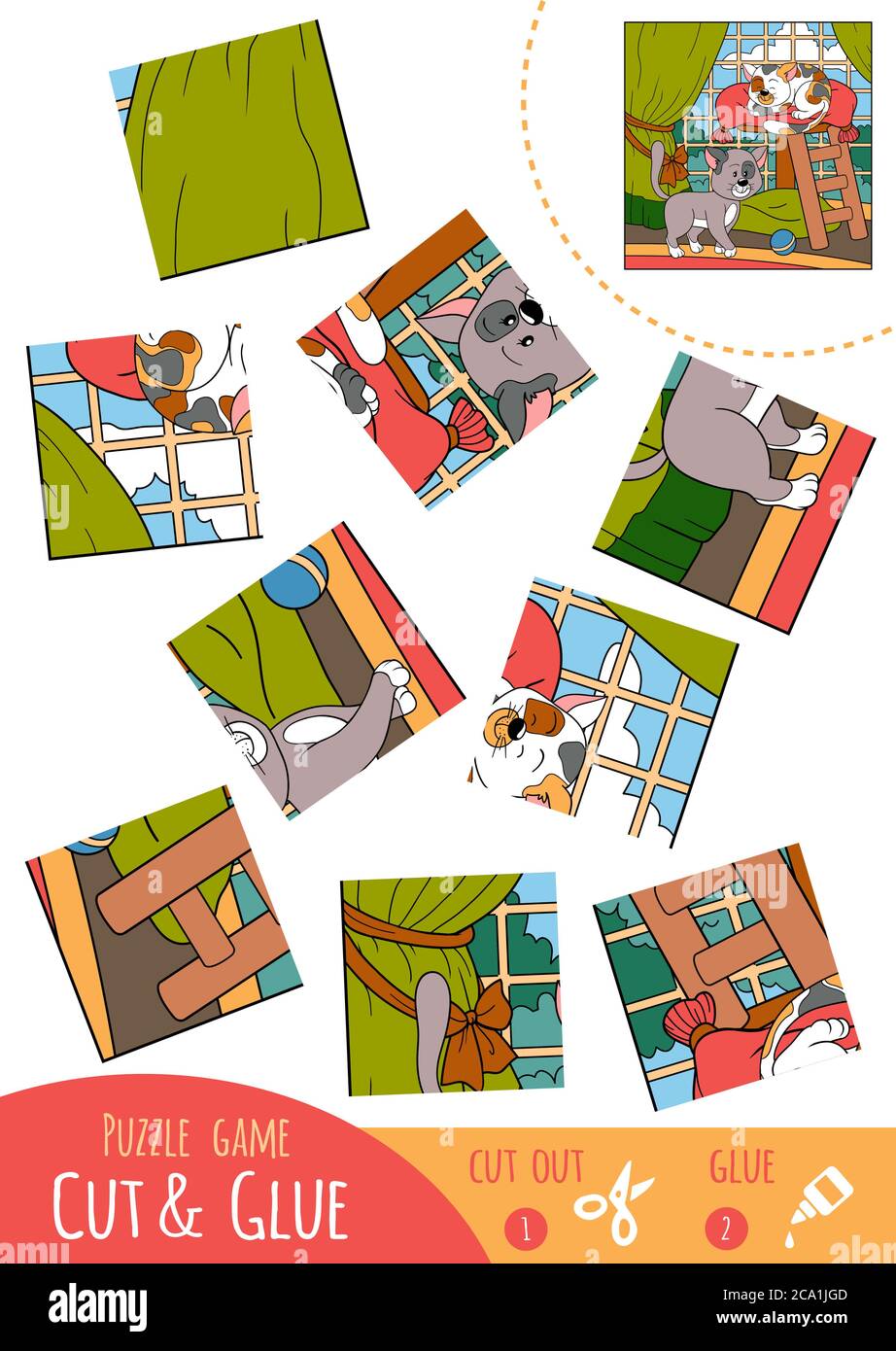 Bildung Puzzle-Spiel für Kinder, zwei Katzen. Verwenden Sie Schere und Kleber, um das Bild zu erstellen. Stock Vektor